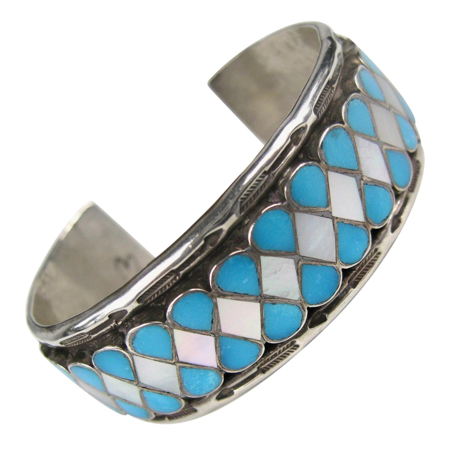 Sterling Zuni Cuff bracelet Teardrop Inlaid Turquoise For Sale