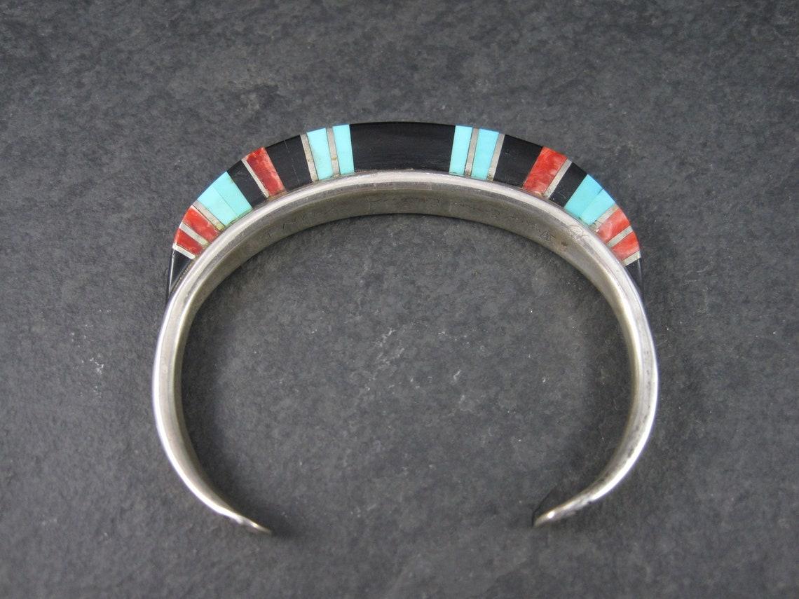 Sterling Zuni Raised Inlay Turquoise Coral Onyx Cuff Bracelet For Sale 5