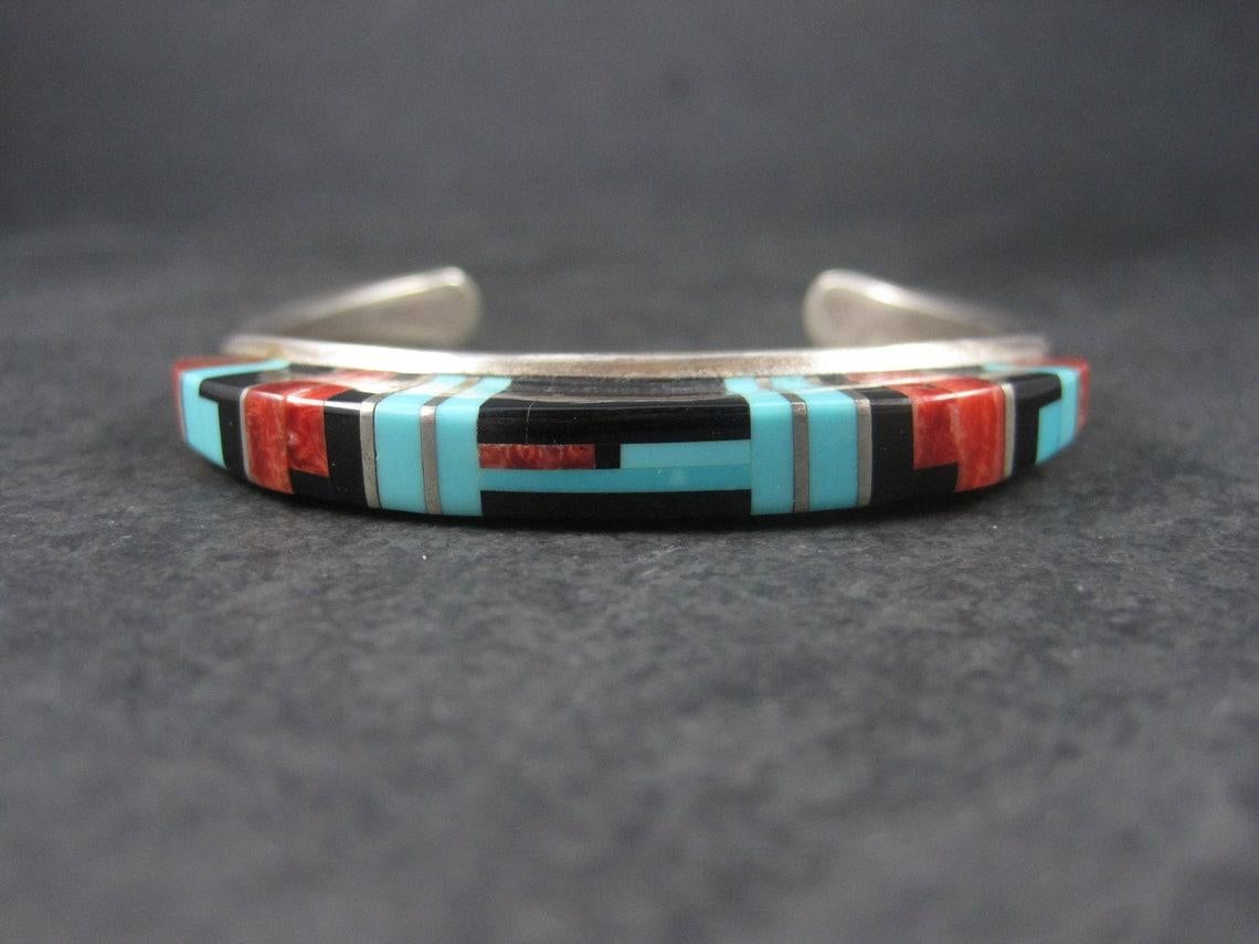 Native American Sterling Zuni Raised Inlay Turquoise Coral Onyx Cuff Bracelet For Sale