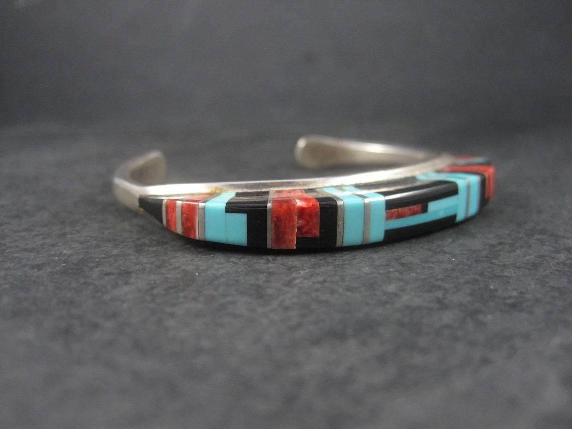 Mixed Cut Sterling Zuni Raised Inlay Turquoise Coral Onyx Cuff Bracelet For Sale