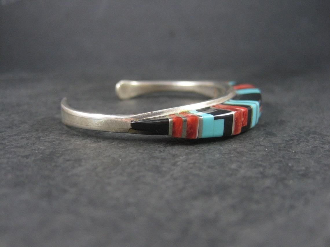 Sterling Zuni Raised Inlay Turquoise Coral Onyx Cuff Bracelet In Excellent Condition For Sale In Webster, SD