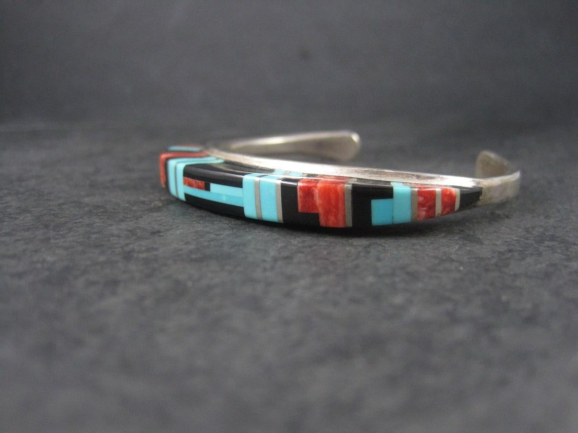 Women's Sterling Zuni Raised Inlay Turquoise Coral Onyx Cuff Bracelet For Sale