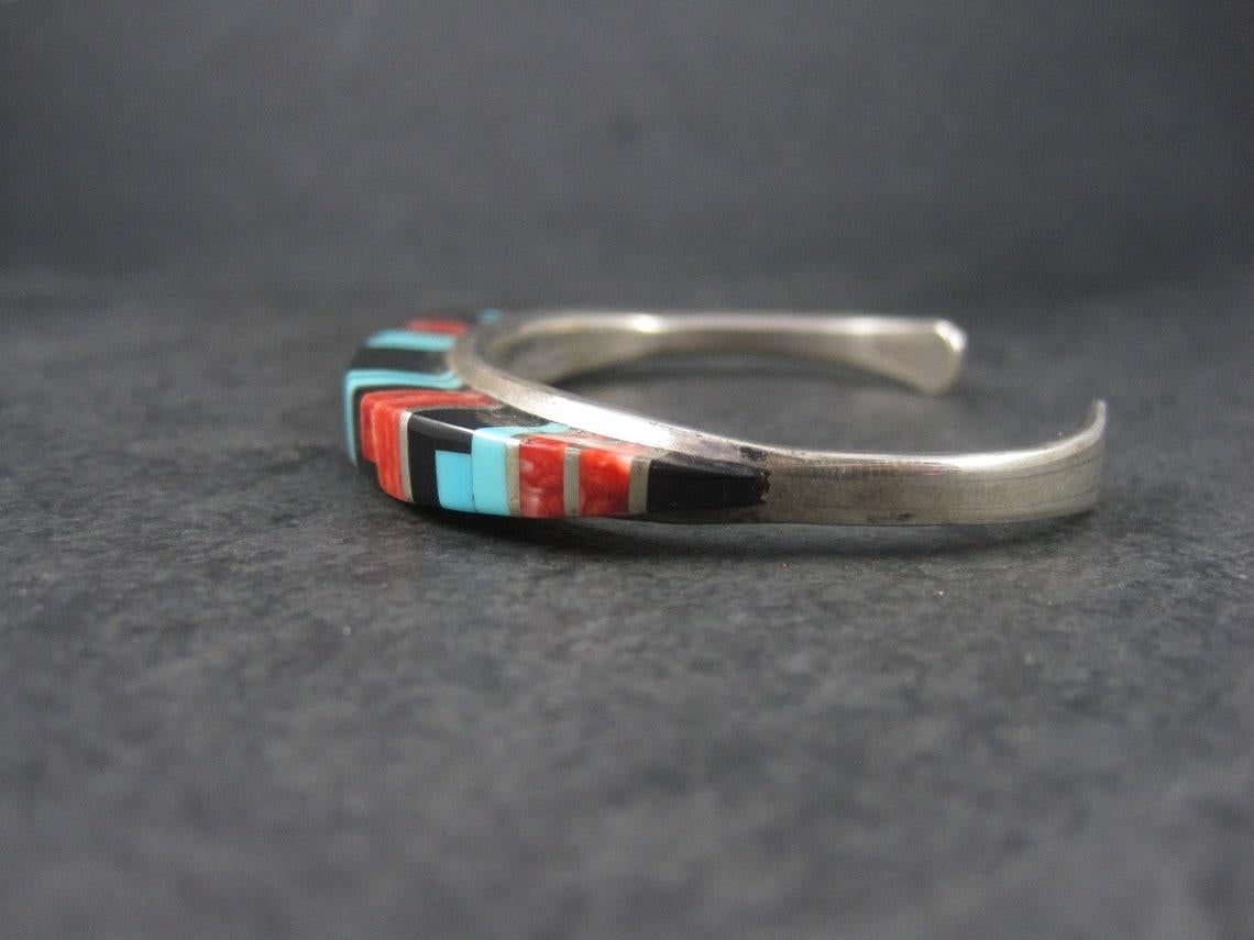 Sterling Zuni Raised Inlay Turquoise Coral Onyx Cuff Bracelet For Sale 1