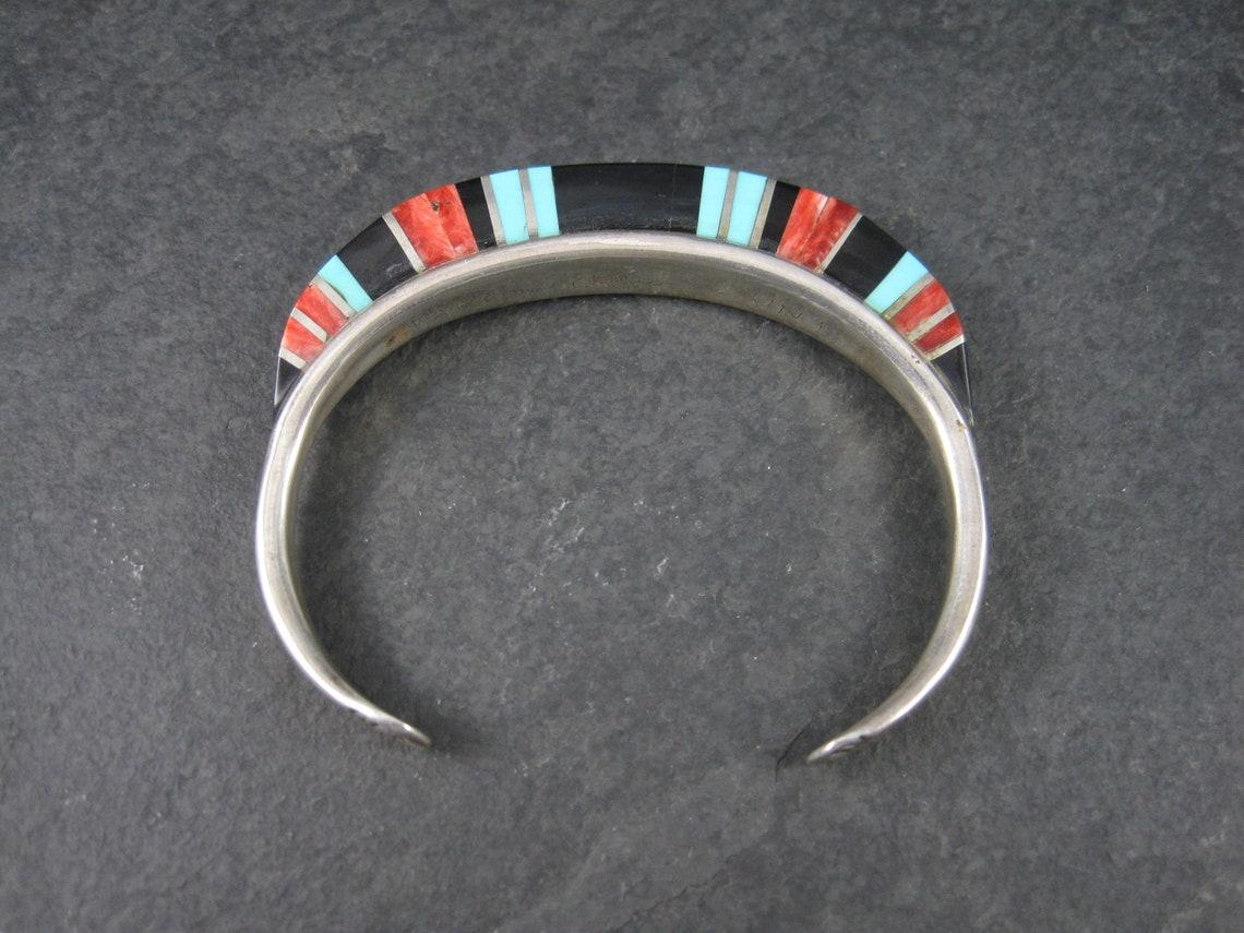Sterling Zuni Raised Inlay Turquoise Coral Onyx Cuff Bracelet For Sale 3