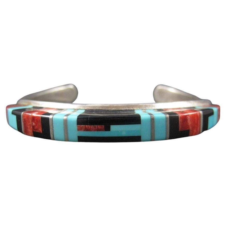 Sterling Zuni Raised Inlay Turquoise Coral Onyx Cuff Bracelet For Sale