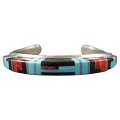 Sterling Zuni Raised Inlay Turquoise Coral Onyx Cuff Bracelet