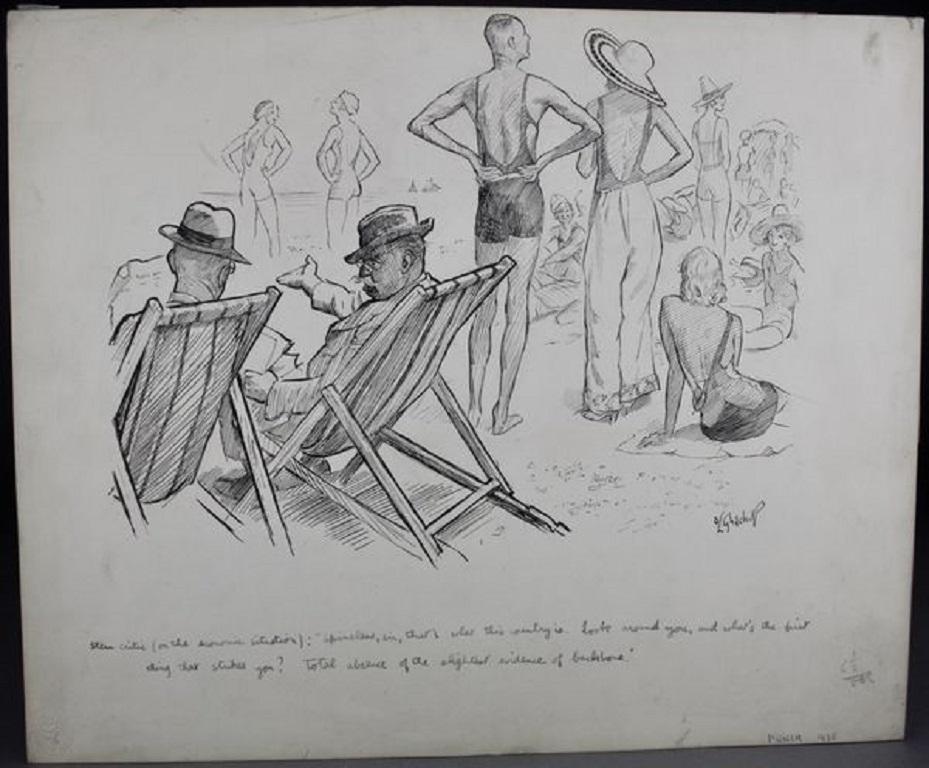 An original ink drawing by David Louis Ghilchik for Punch Magazine. Signed and dated 1930, and with the caption ''Stern critic (on the ecenomic situation): Spineless, sir, that's what this country is. Look around you, and what's the first thing that