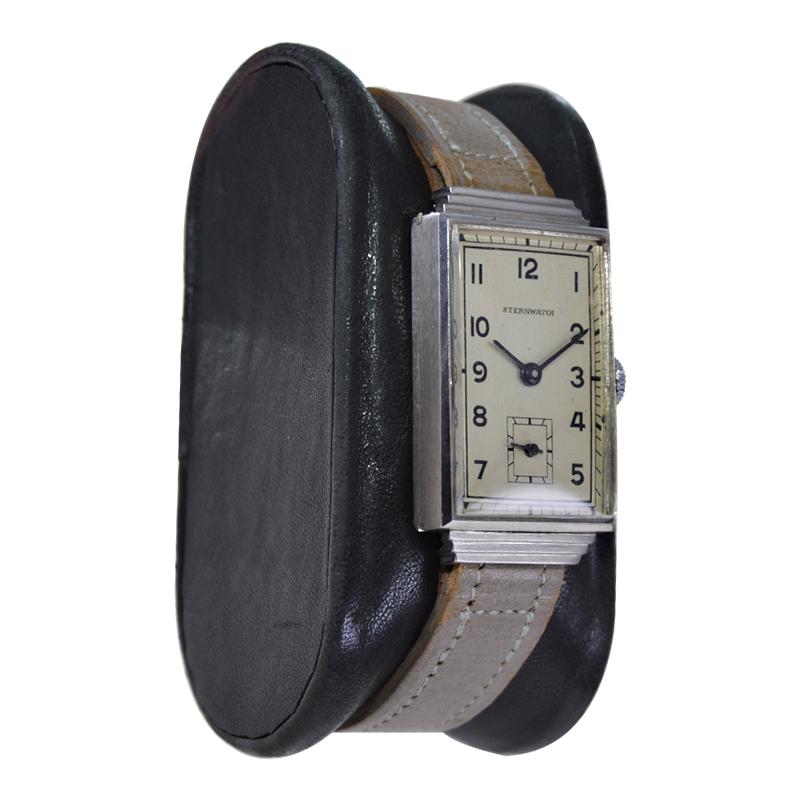 
FACTORY / HOUSE: Sternwatch
STYLE / REFERENCE: Rectangle / Art Deco
METAL / MATERIAL: Stainless Steel
DIMENSIONS: Length 35mm X Width 20mm
CIRCA: 1930's
MOVEMENT / CALIBER: Manual Winding / 15 Jewels 
DIAL / HANDS: Original Arabic Number / Blued