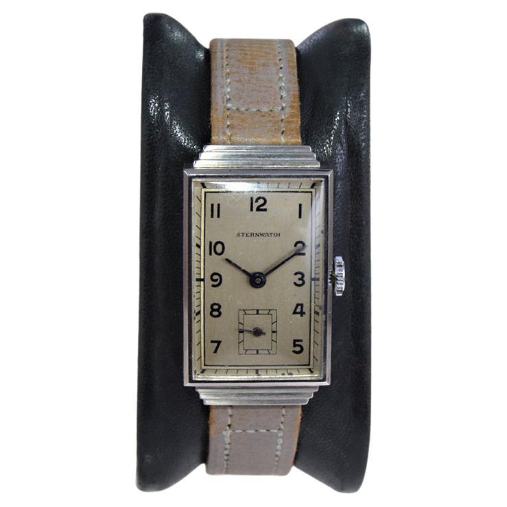 Sternwatch Stainless Steel Art Deco New Old Stock Manual Wind Watch, 1930s For Sale