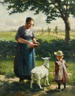 Mother and child feeding the goat - Sterre de Jong - Dutch - Romantic - Europe