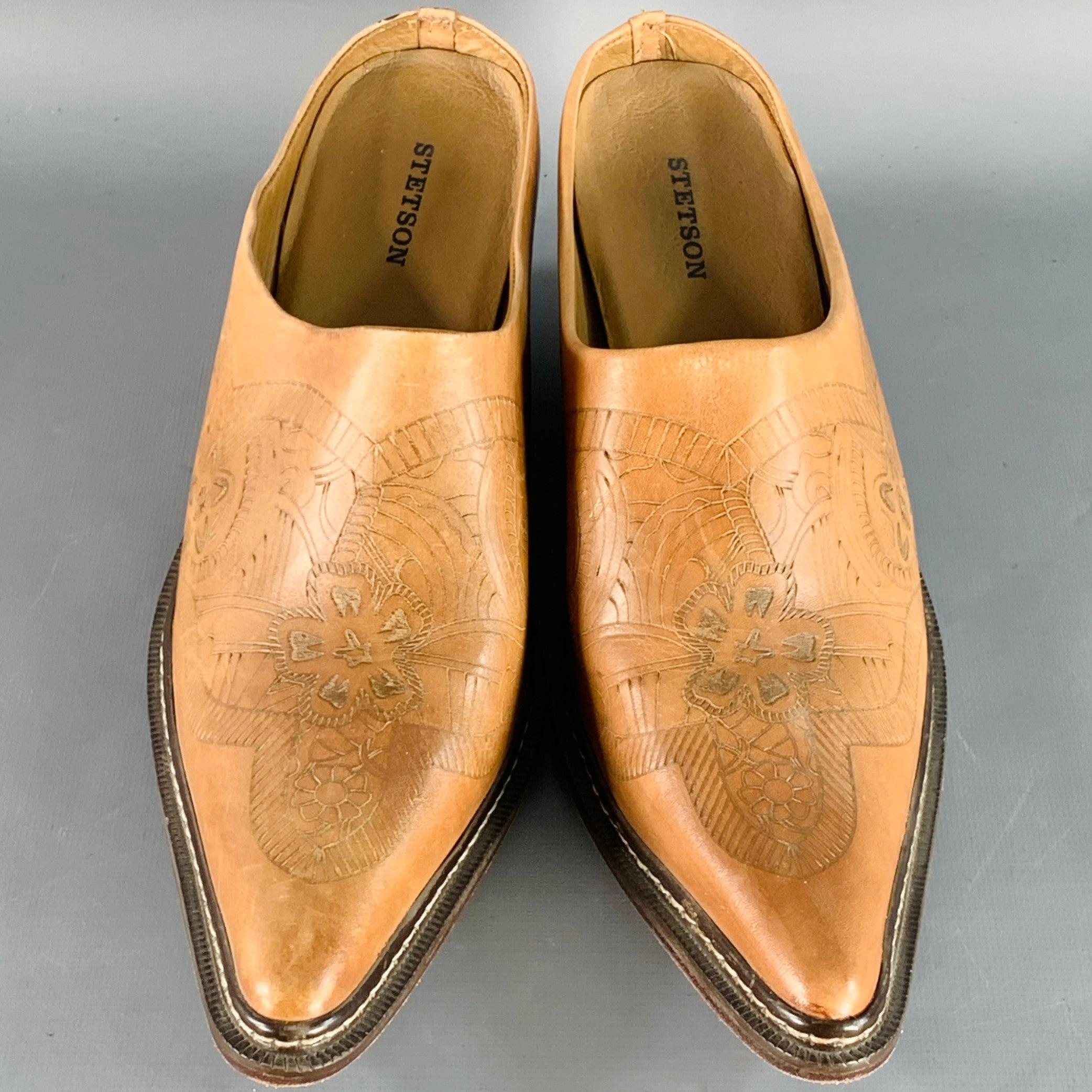 STETSON Size 10 Camel Embossed Leather Western Mules Pumps In Excellent Condition For Sale In San Francisco, CA