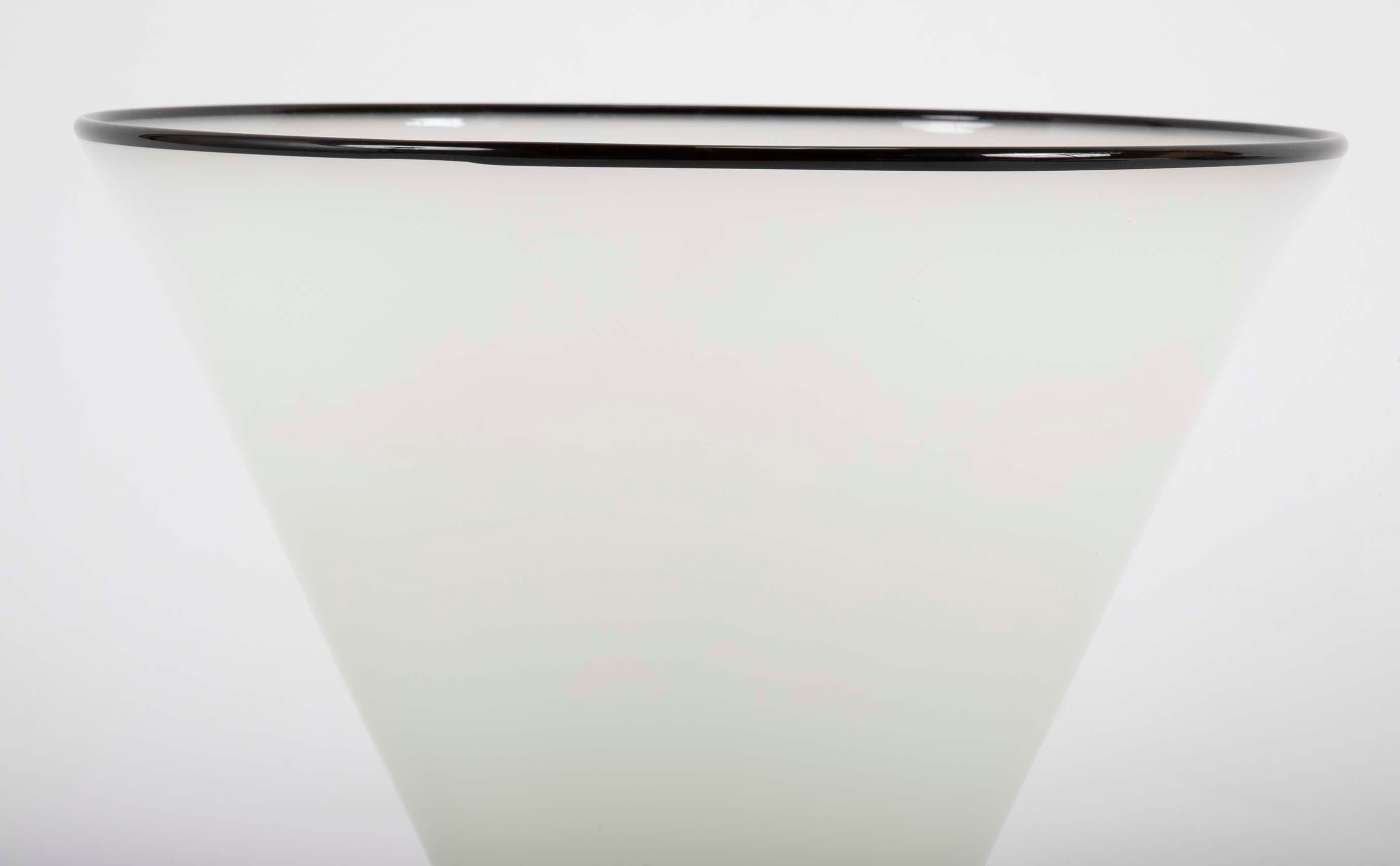American Steuben Alabaster Glass Vase with Applied Black Lip # 7459