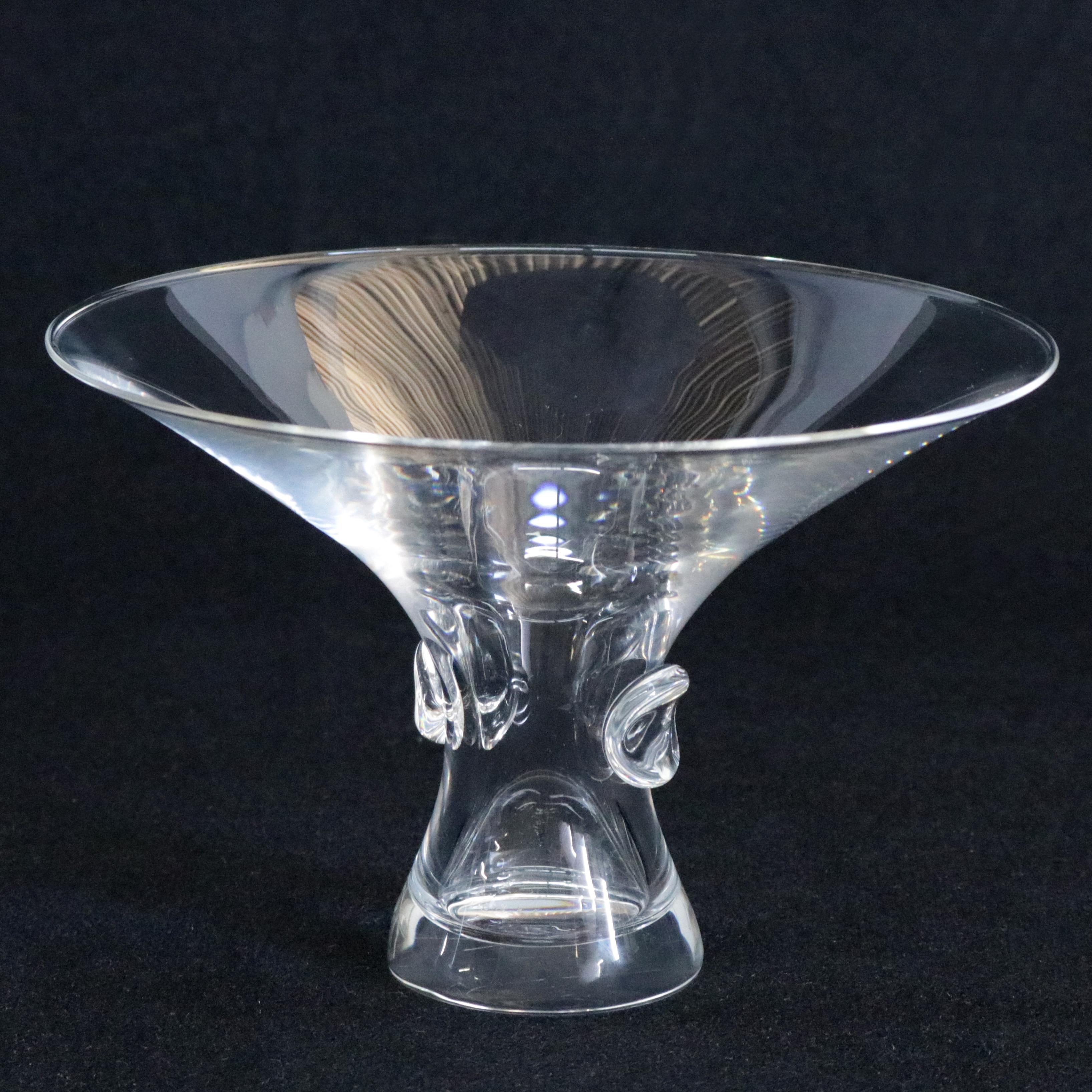 Mid-Century Modernist Steuben mouth blown crystal bowl or bouquet vase features colorless art glass in flared trumpet form with pinched dot base designed by George Thompson 1961 for Corning Museum of Glass, New York, NY, signed on base, 20th