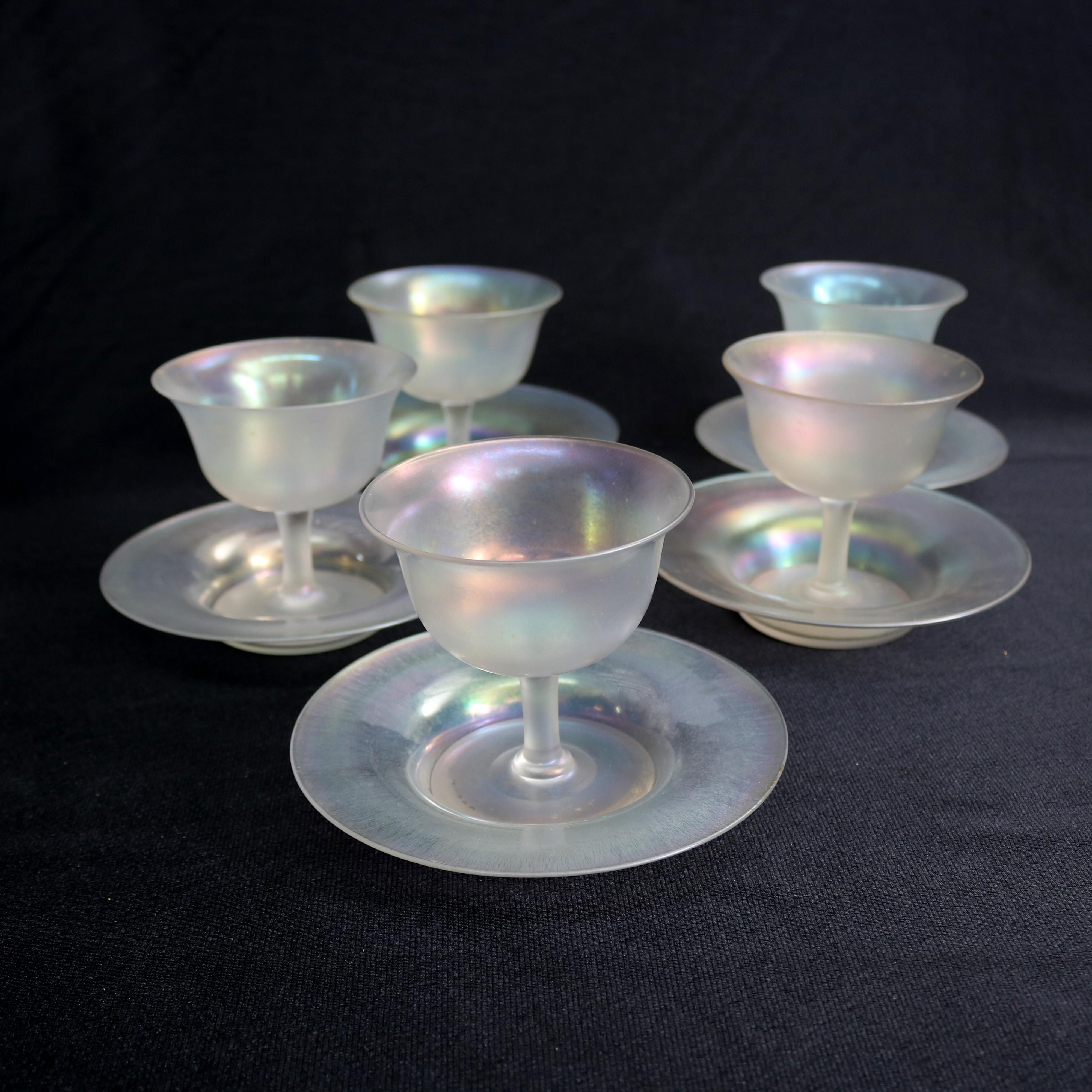 American Steuben Art Glass Stemmed Sherbet Goblets with Saucers, circa 1930s