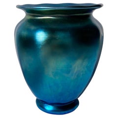 Antique Steuben Blue "Aurene" Ribbed Glass Vase, Vessel, Iridescent Marked