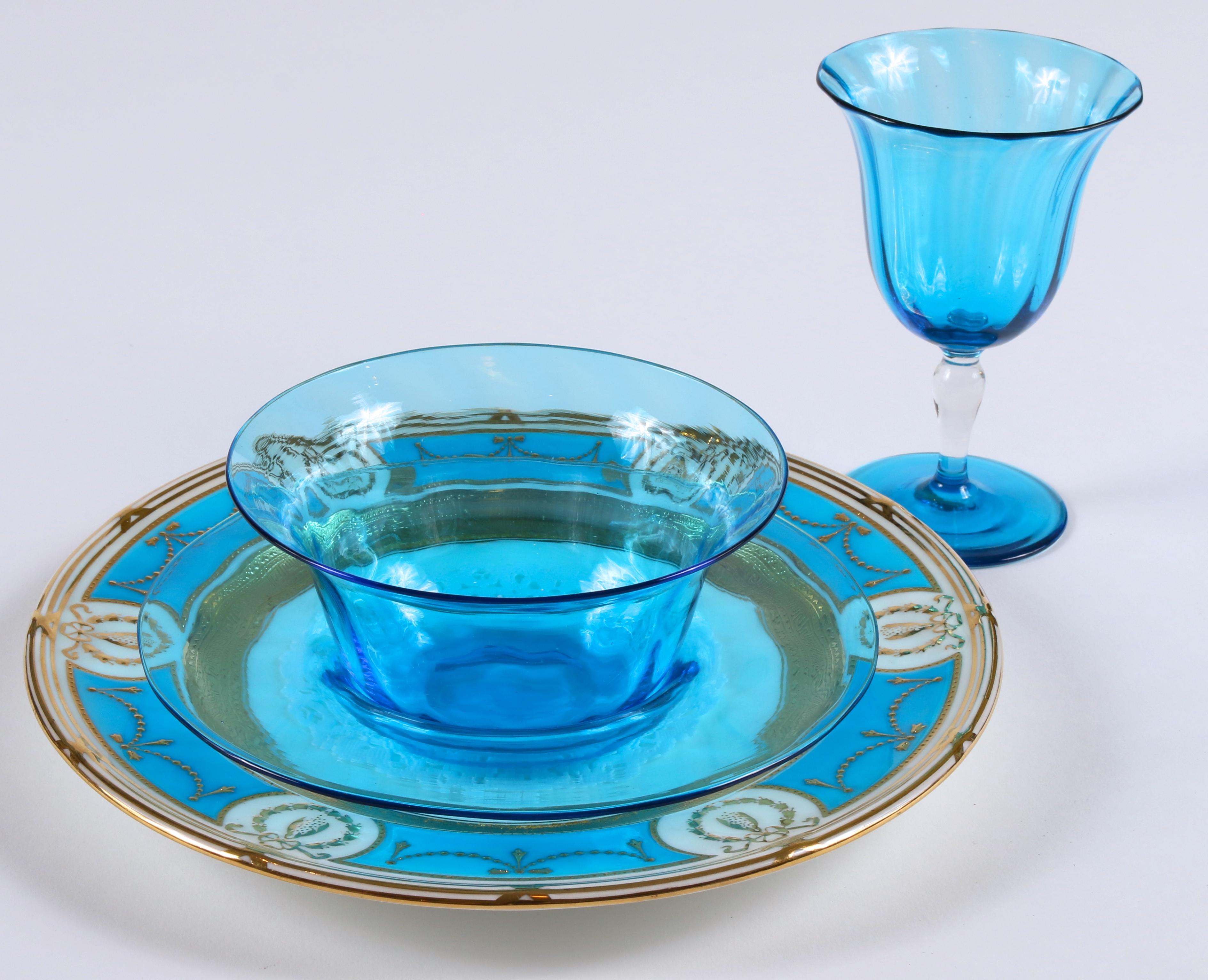 Glass Steuben Blue Celeste Optic Rib Wine and Bowl Set For Sale