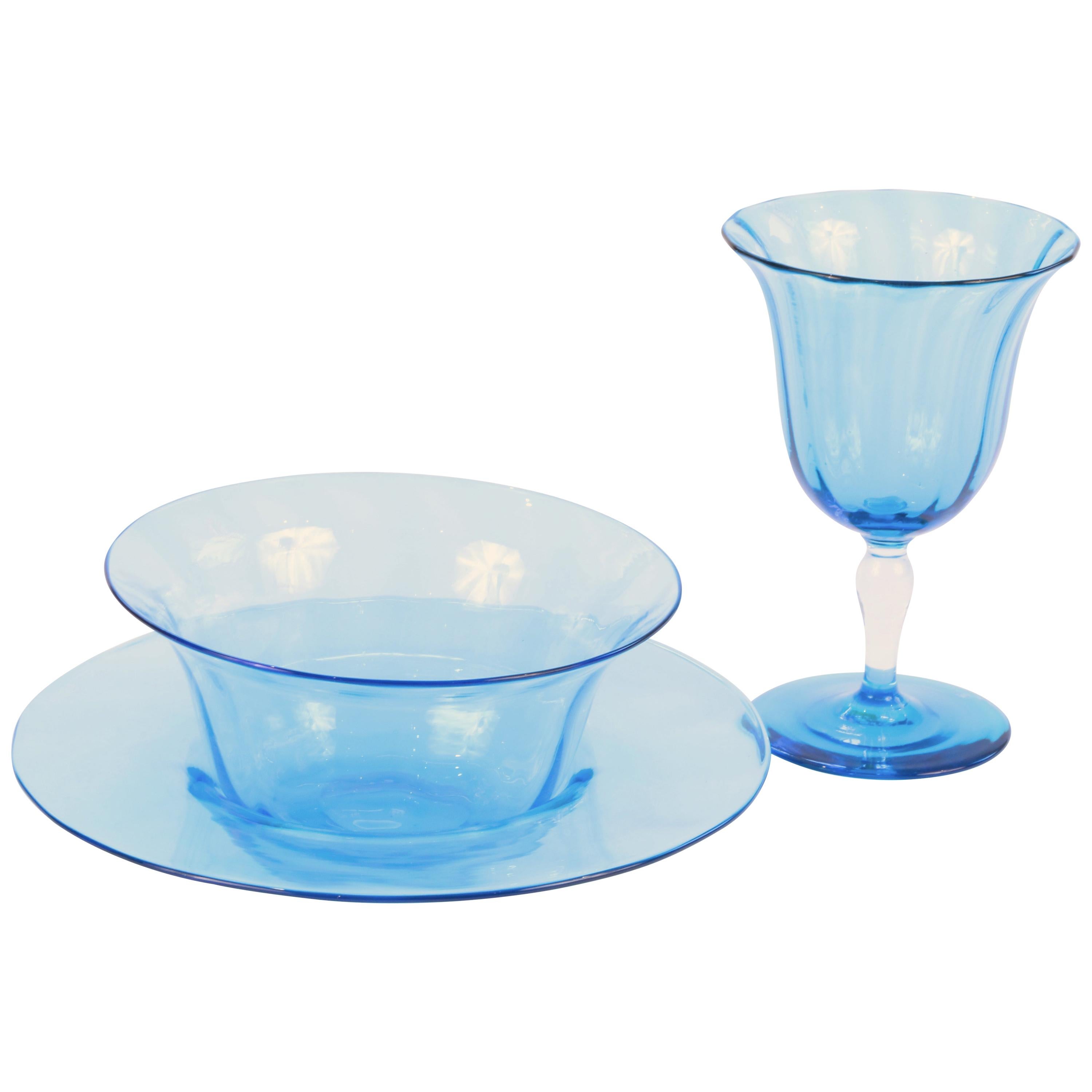 Steuben Blue Celeste Optic Rib Wine and Bowl Set For Sale