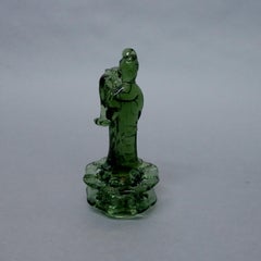 Steuben Chinoiserie Quan Yen Figural Art Glass Flower Frog, Pomona Green