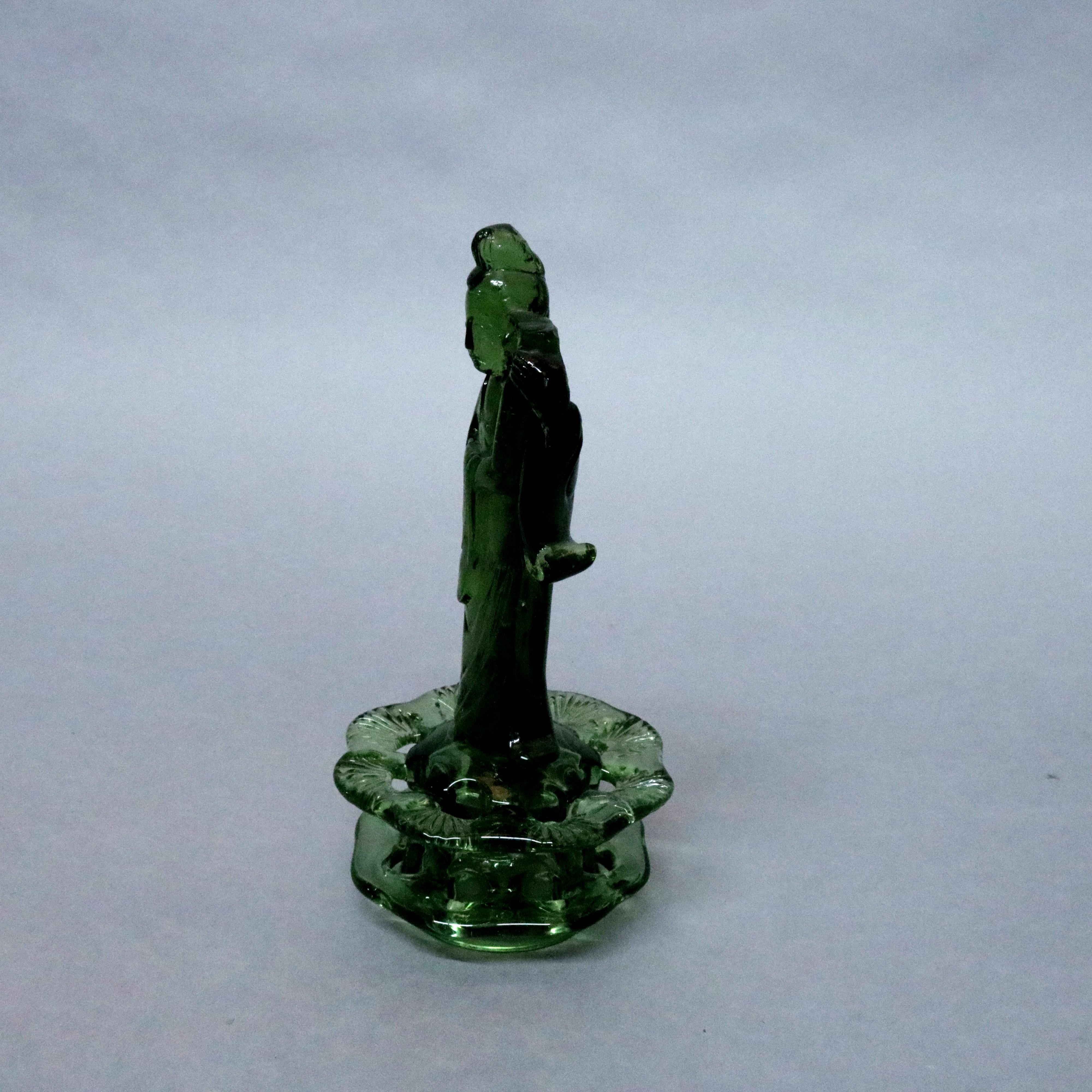 American Steuben Chinoiserie Quan Yen Figural Art Glass Flower Frog, Pomona Green