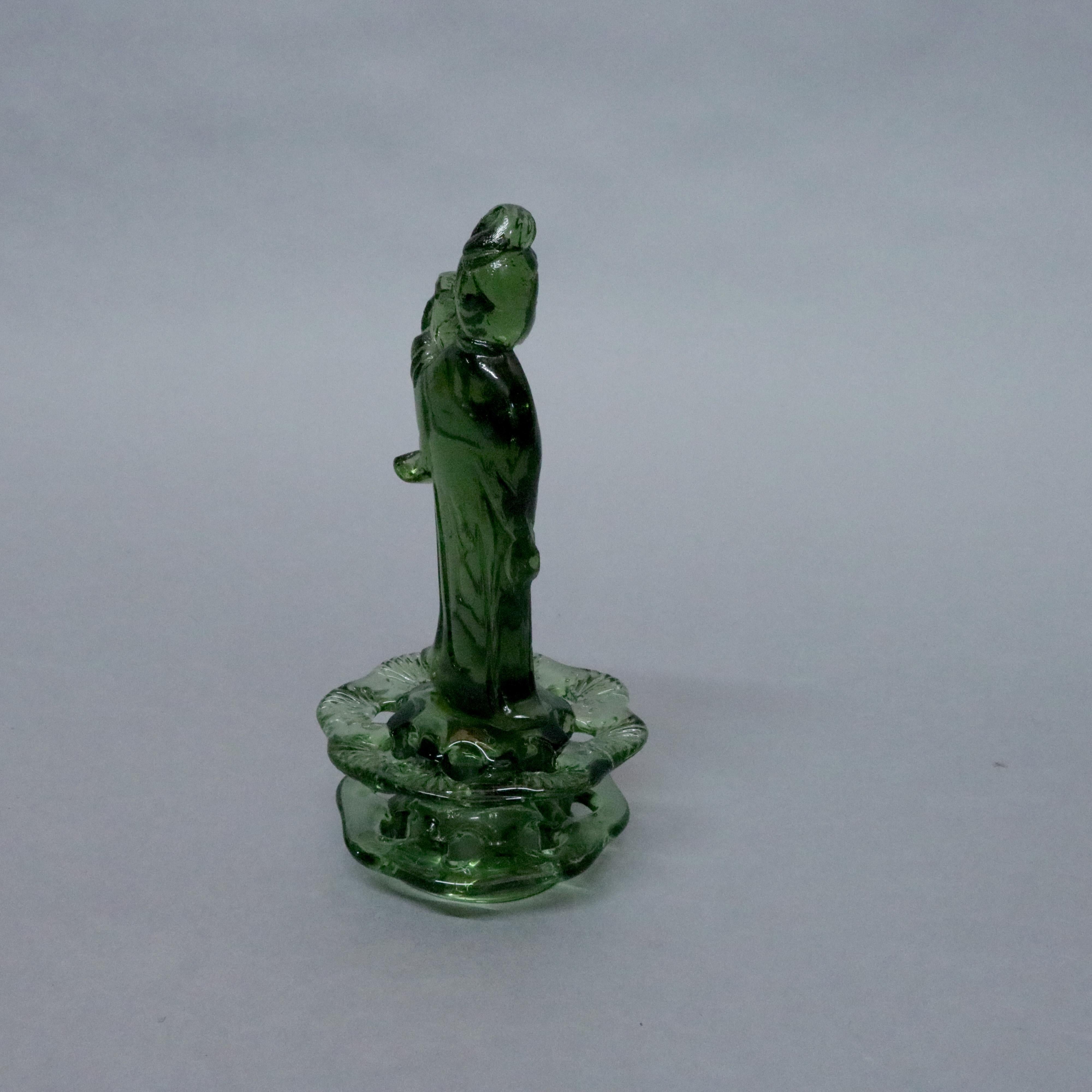 Hand-Crafted Steuben Chinoiserie Quan Yen Figural Art Glass Flower Frog, Pomona Green