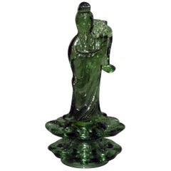 Steuben Chinoiserie Quan Yen Figural Art Glass Flower Frog, Pomona Green