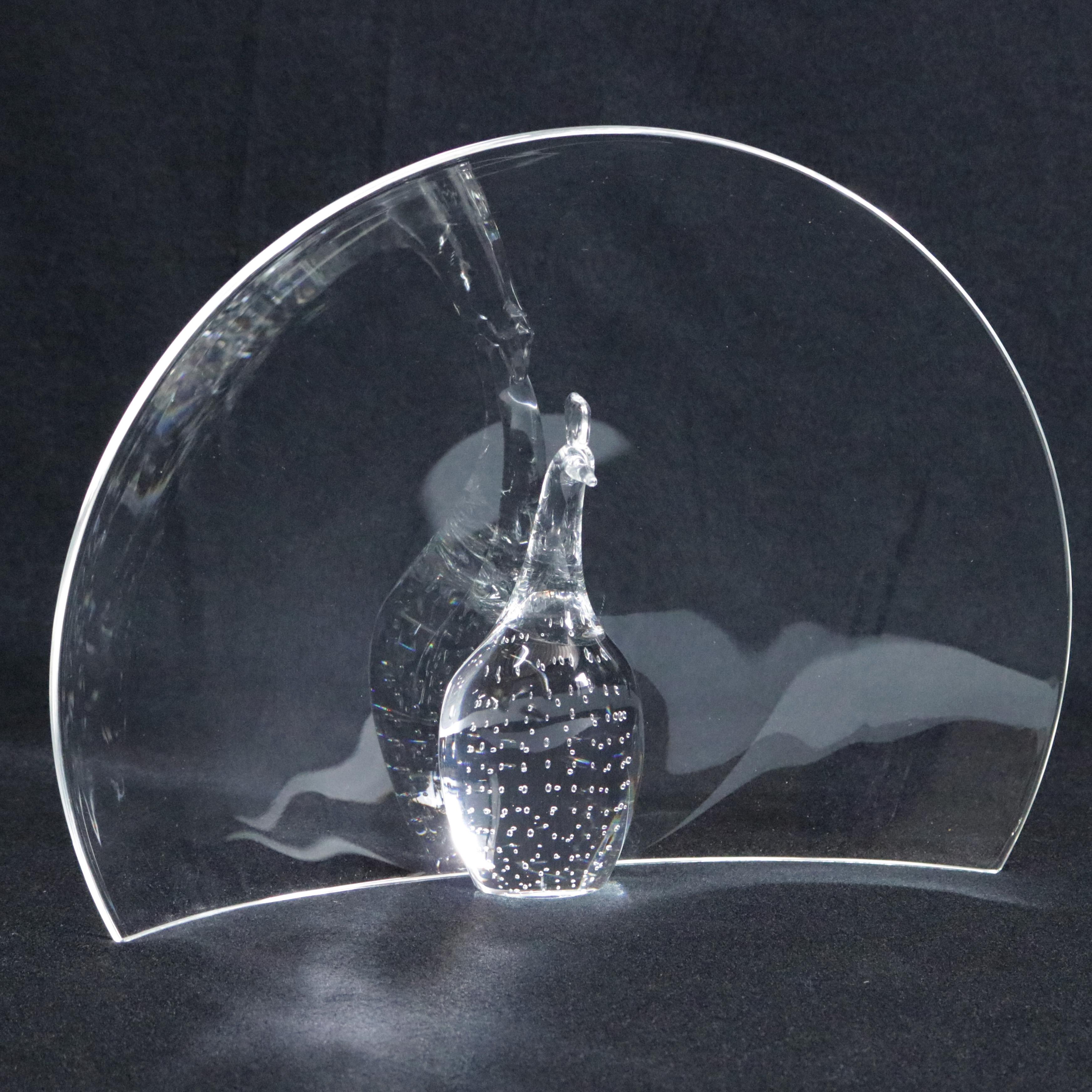 American Steuben Crystal Sculpture Paperweight of Peacock by Bernard X. Wolff, Signed