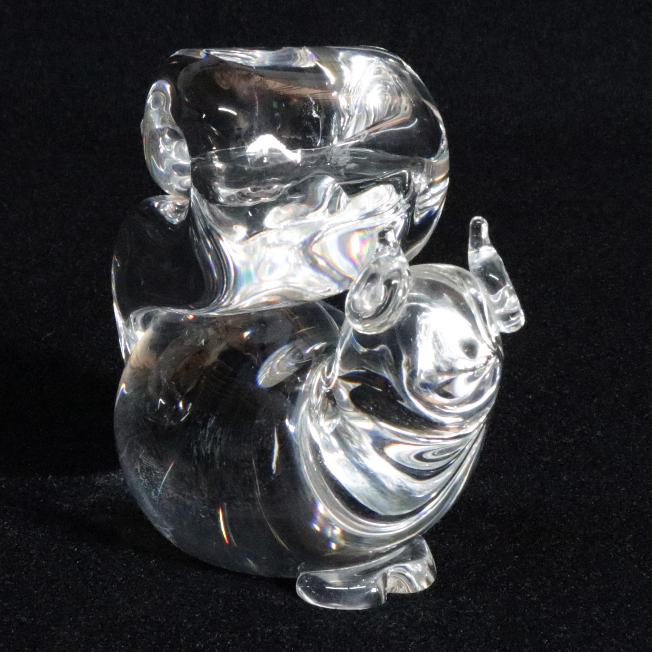 midcentury Steuben figurative mouth blown crystal sculptural paperweight feature colorless art glass in full body form of Seated Squirrel designed by Lloyd Atkins 1963 for Corning Museum of Glass, New York, NY, signed on base, 20th century
Large