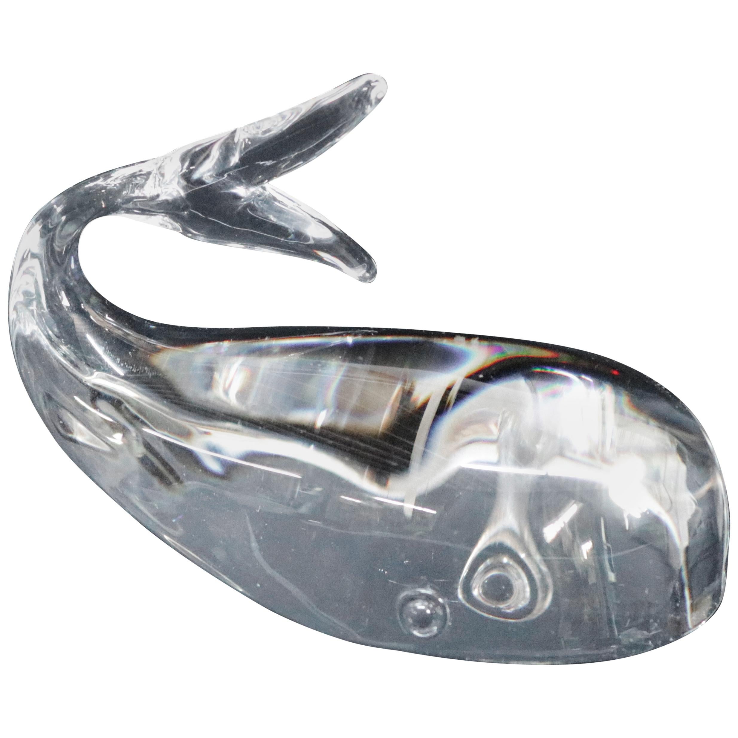 Steuben Crystal Sculpture Paperweight of Whale by Lloyd Atkins, Signed