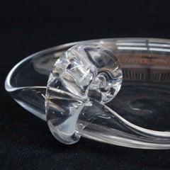 Steuben Crystal Sloping Bowl Art Glass Candy Dish, Classic Scroll Handle, Signed