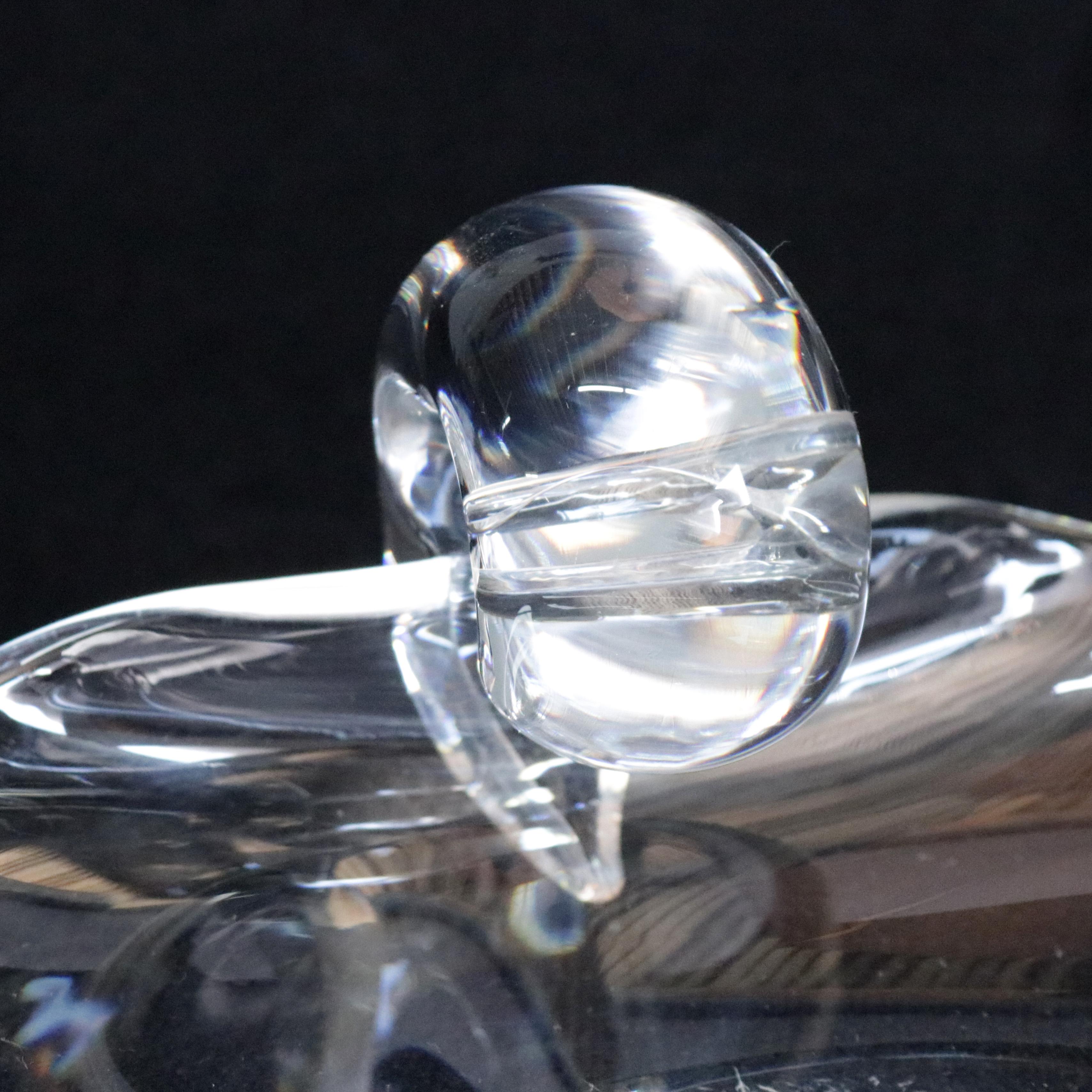 Mid-Century Modern Steuben Crystal Sloping Bowl Art Glass Candy Dish, Classic Scroll Handle, Signed