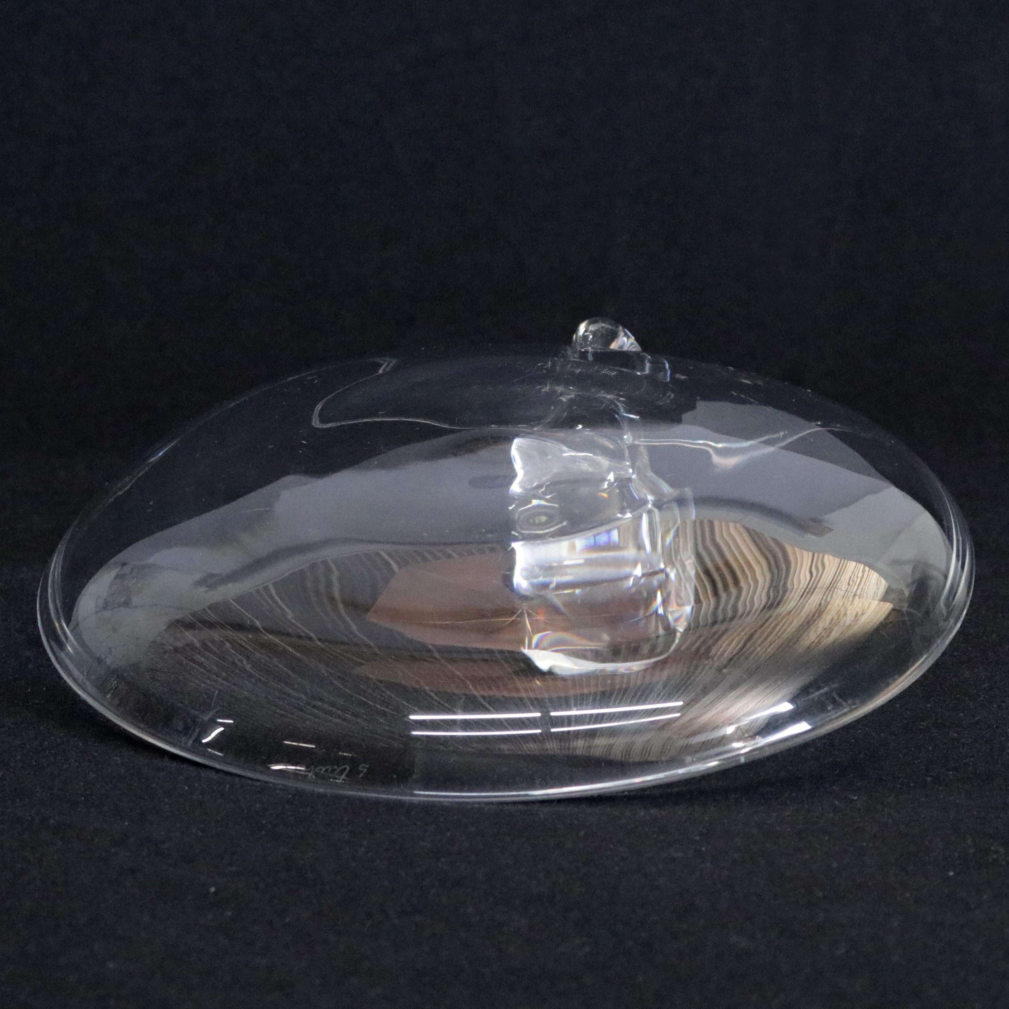 American Steuben Crystal Sloping Bowl Art Glass Candy Dish, Classic Scroll Handle, Signed