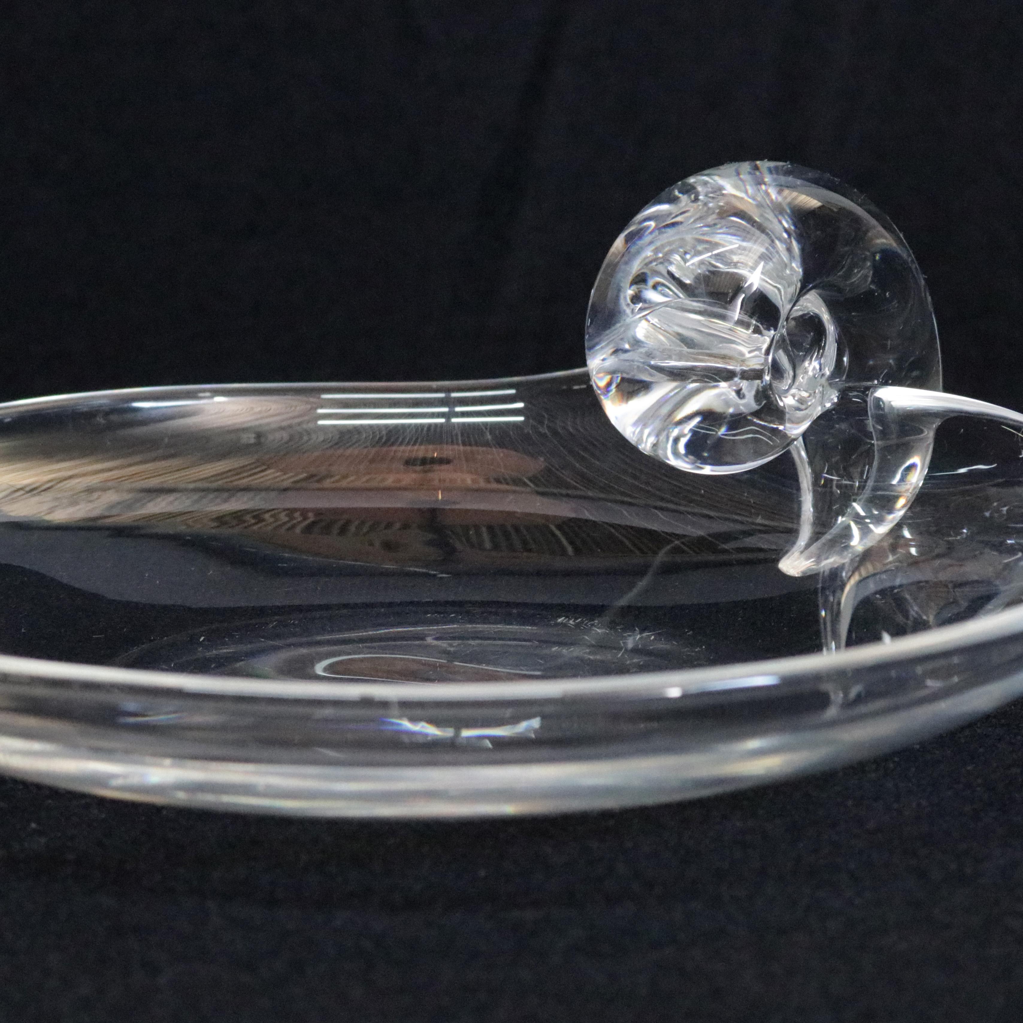 Steuben Crystal Sloping Bowl Art Glass Candy Dish, Classic Scroll Handle, Signed In Good Condition In Big Flats, NY