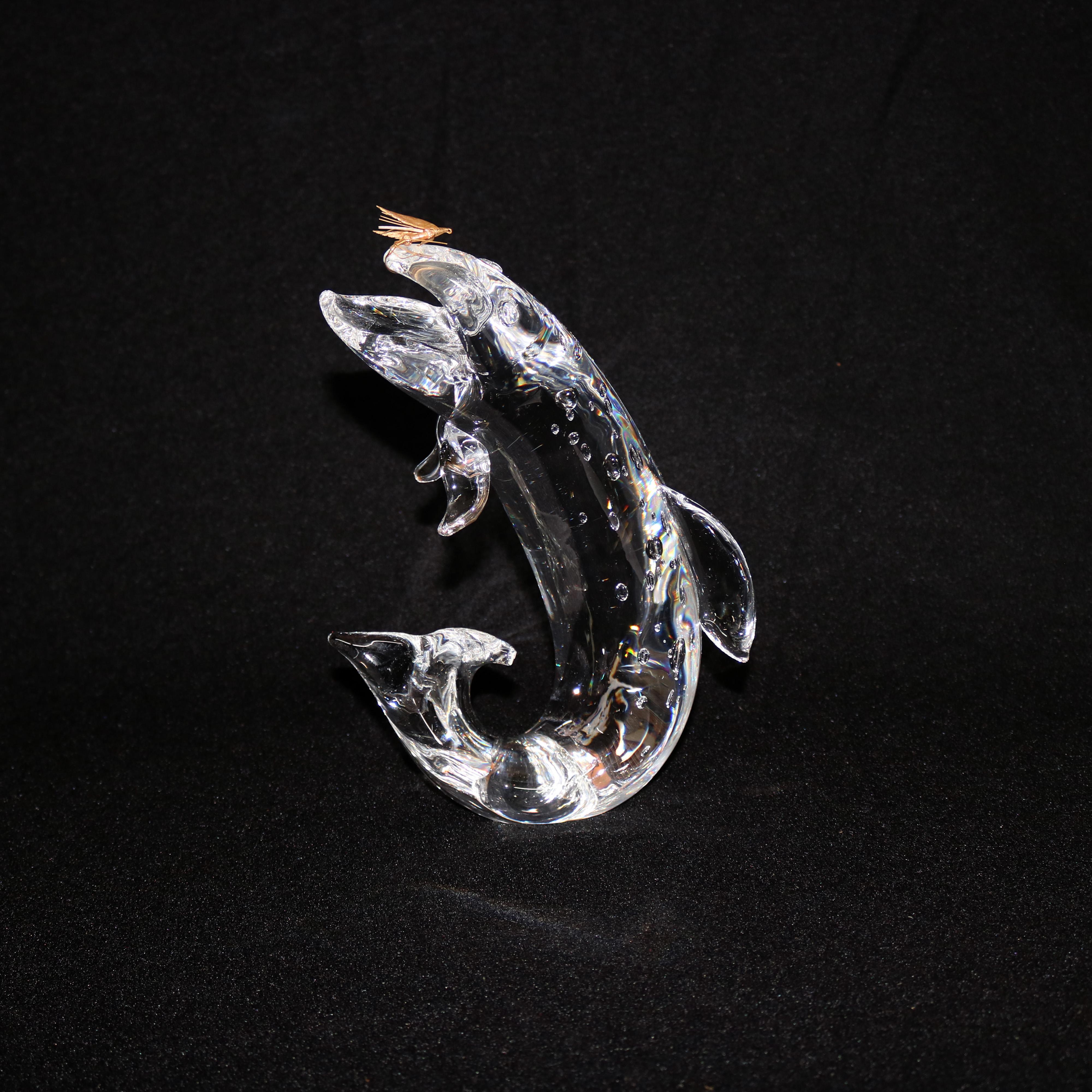 Steuben Figurative Crystal and Gold Sculpture Paperweight, Trout & Fly, Signed 3
