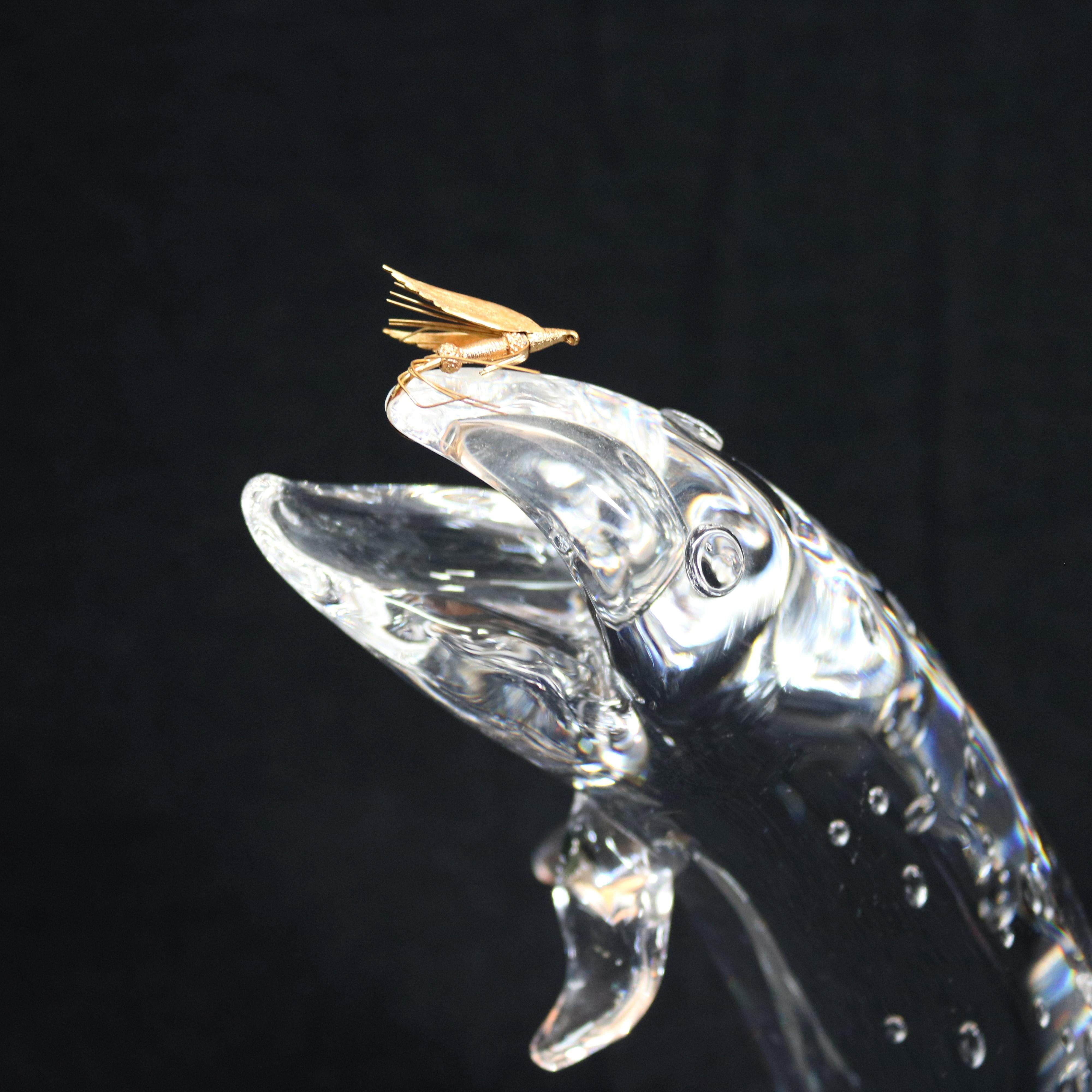 American Steuben Figurative Crystal and Gold Sculpture Paperweight, Trout & Fly, Signed