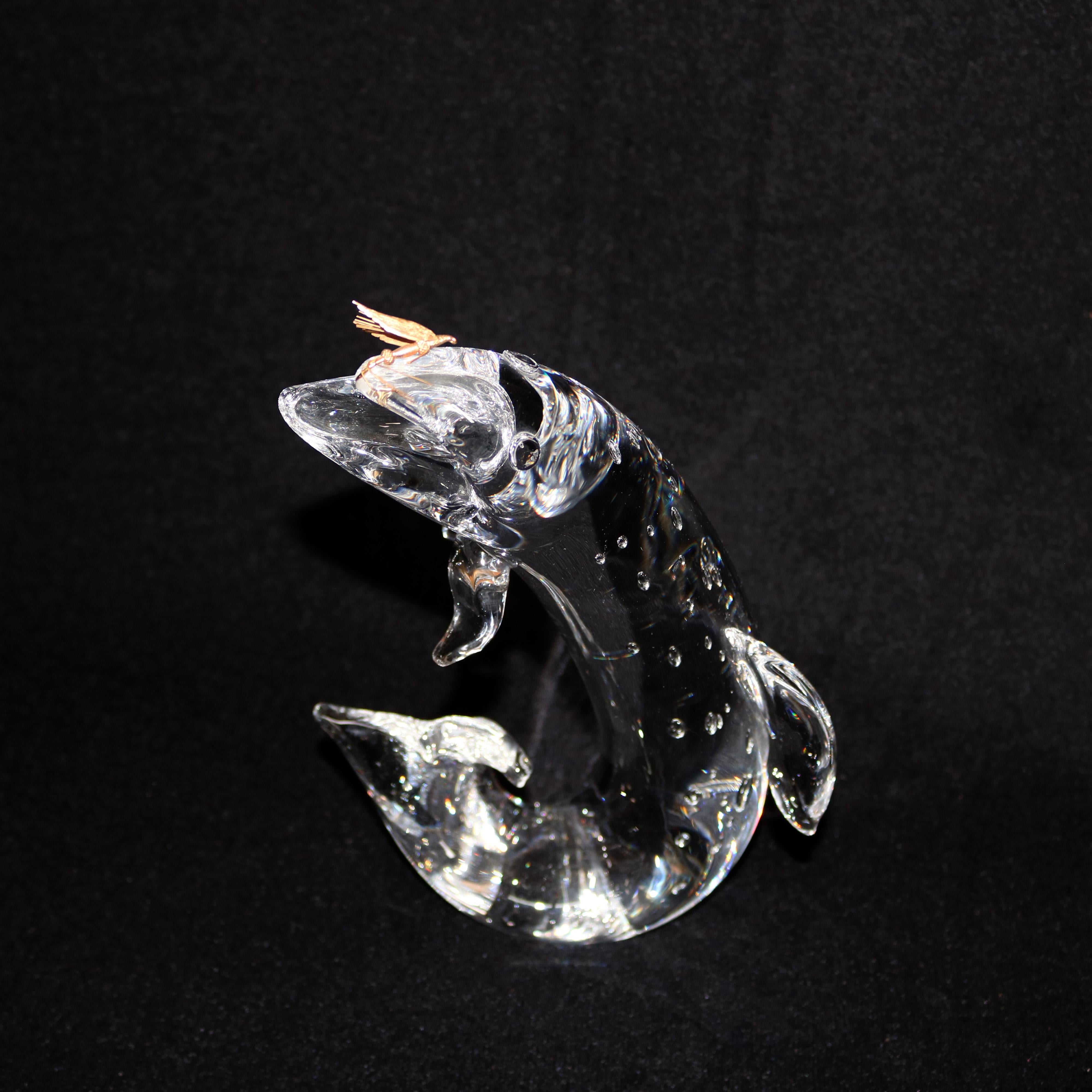 Hand-Crafted Steuben Figurative Crystal and Gold Sculpture Paperweight, Trout & Fly, Signed