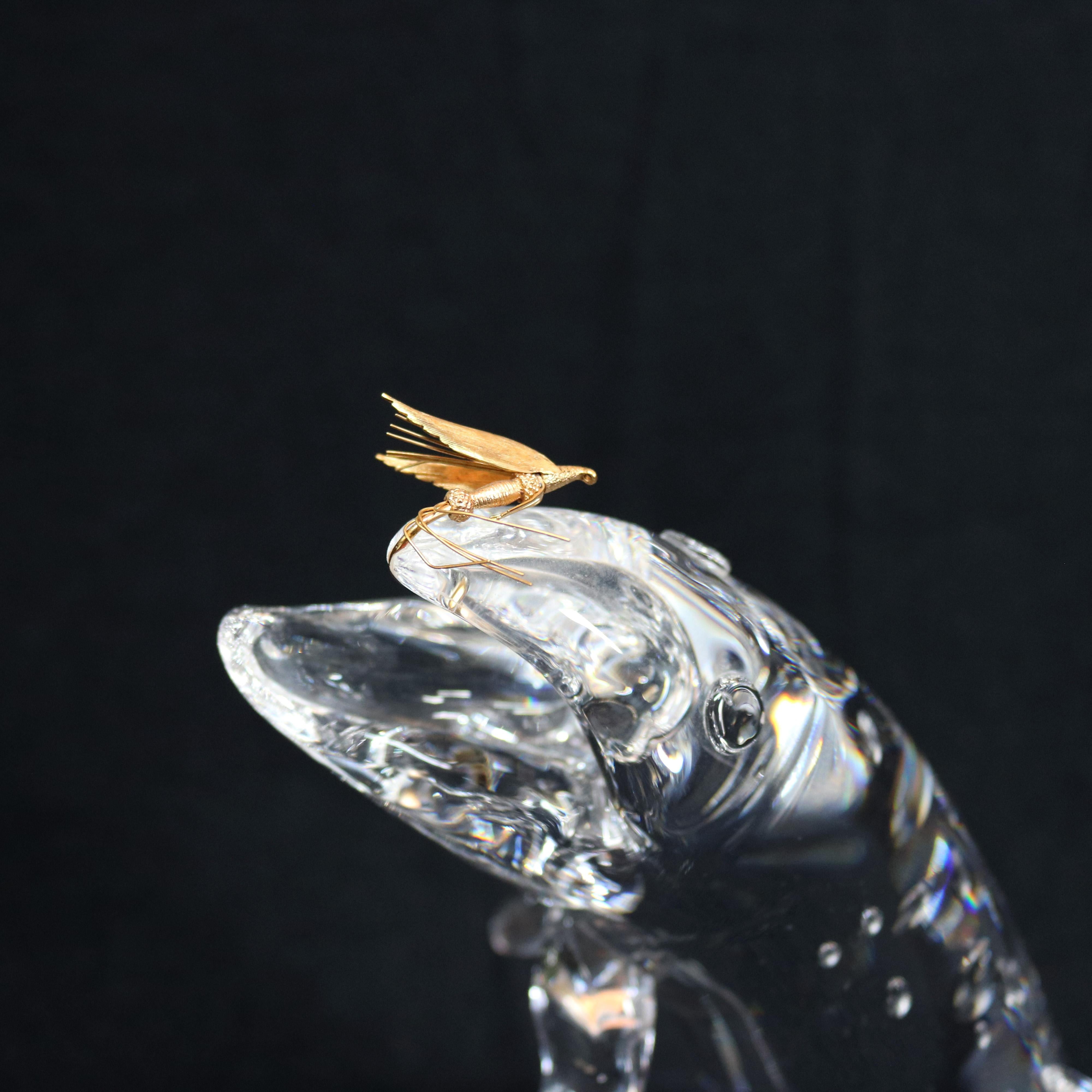 20th Century Steuben Figurative Crystal and Gold Sculpture Paperweight, Trout & Fly, Signed