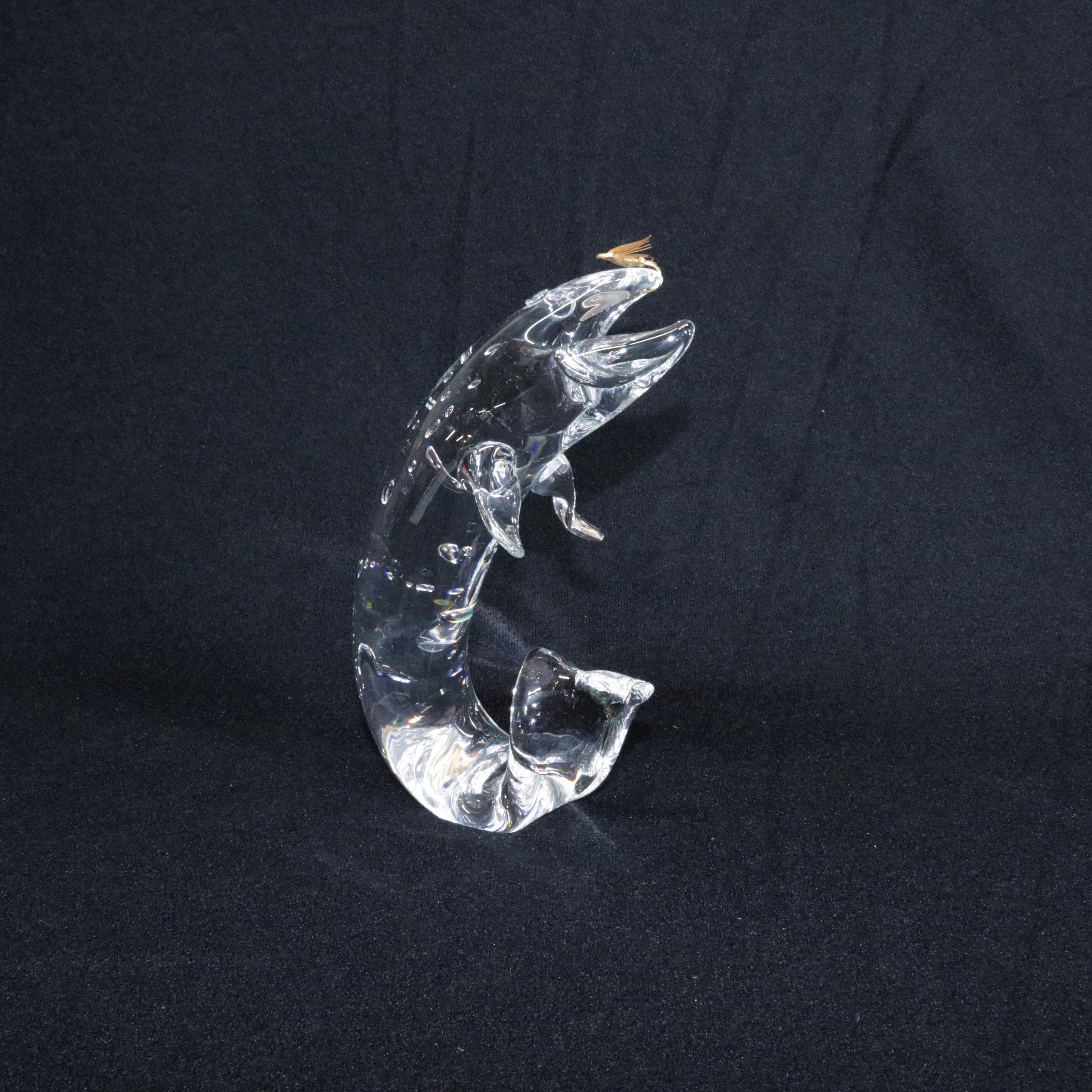 Art Glass Steuben Figurative Crystal and Gold Sculpture Paperweight, Trout & Fly, Signed