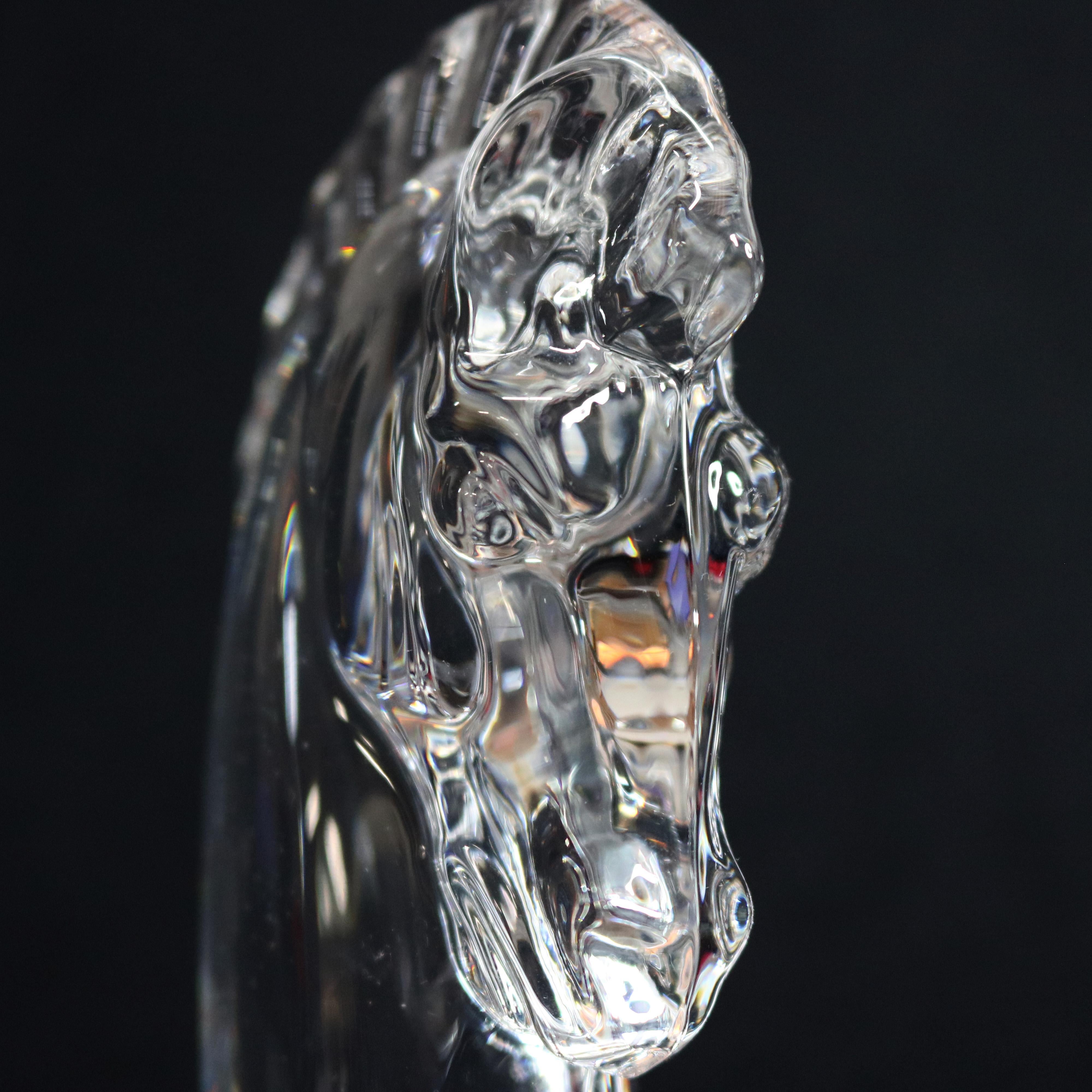 Midcentury Steuben figurative mouth blown crystal sculptural paperweight features colorless art glass in full body form of knight chess piece (reminiscent of the head of the Trojan Horse) designed by Sidney Waugh 1937 for Corning Museum of Glass,