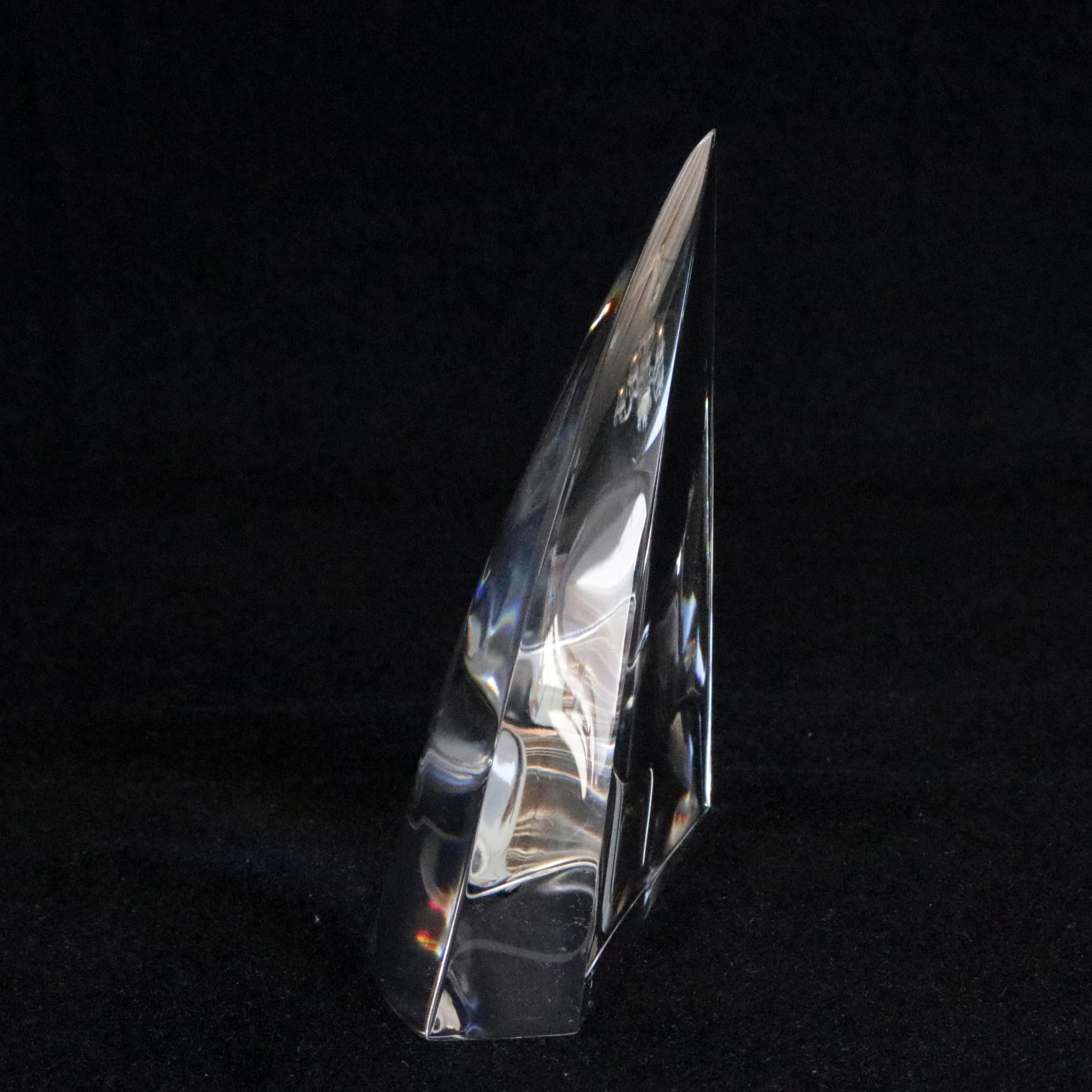 Midcentury Steuben figurative mouth blown crystal sculptural paperweight feature colorless art glass in abstract form of sailboat sail or jib from Close To The Wind introduced in 1980, Corning Museum of Glass, New York, NY, signed on base, 20th