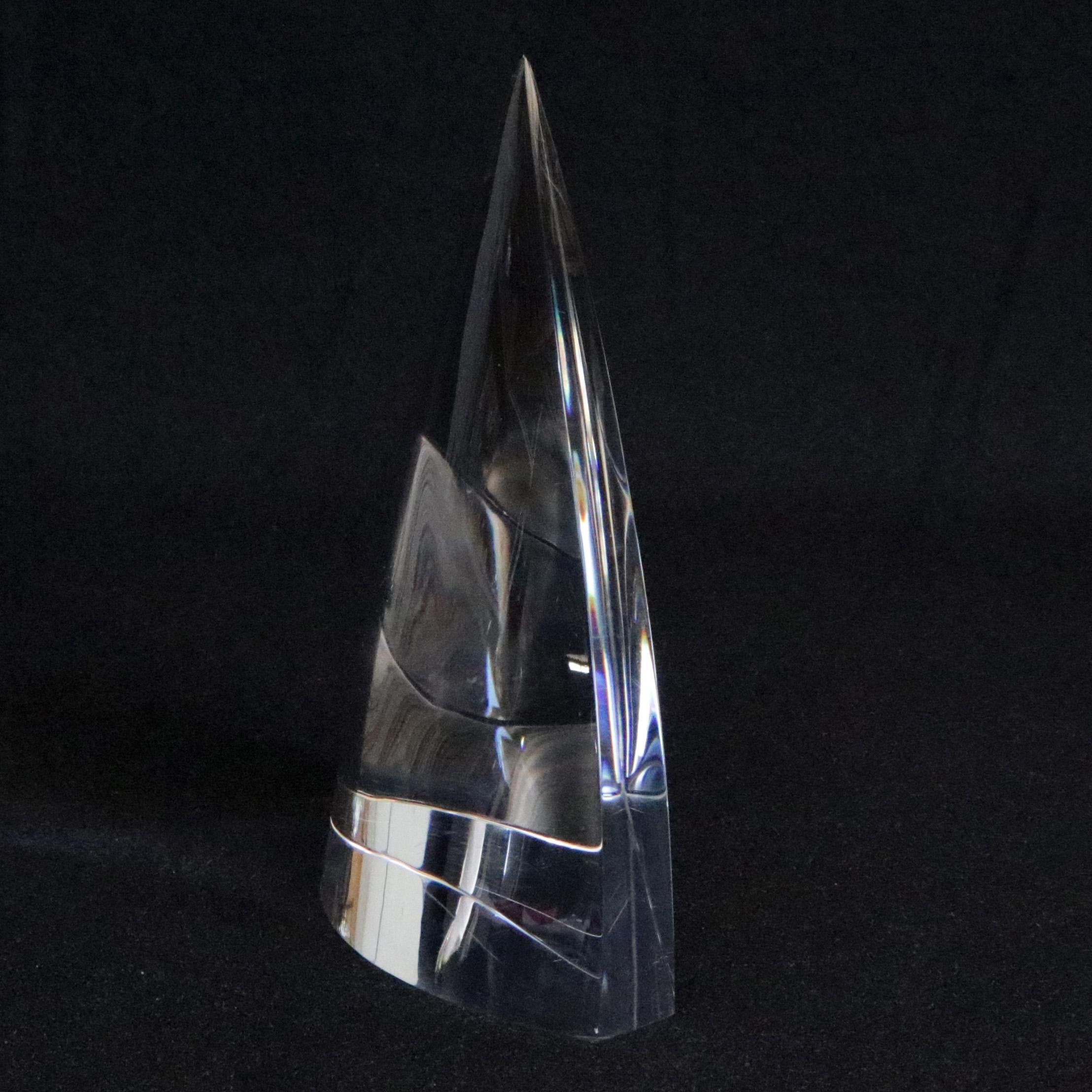 Midcentury steuben figurative mouth blown crystal sculptural paperweight feature colorless art glass in abstract form of sailboat main sail from Close To The Wind introduced in 1980, Corning Museum of Glass, New York, NY, signed on base, 20th