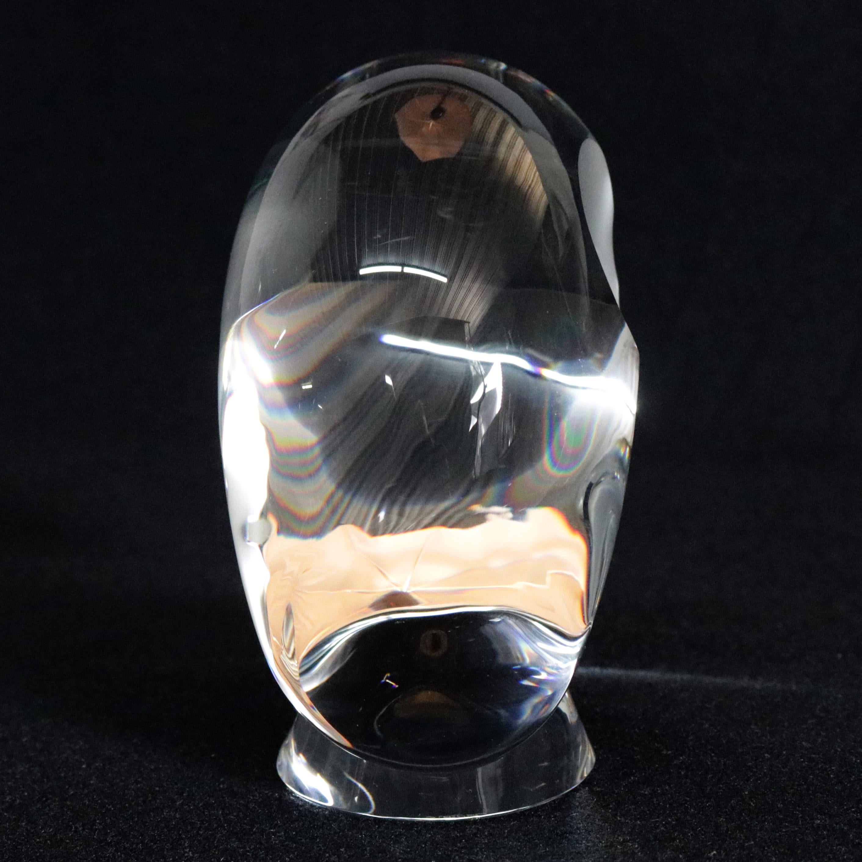 Art Glass Steuben Figurative Crystal Sculpture Owl Paperweight by Pollard, Signed