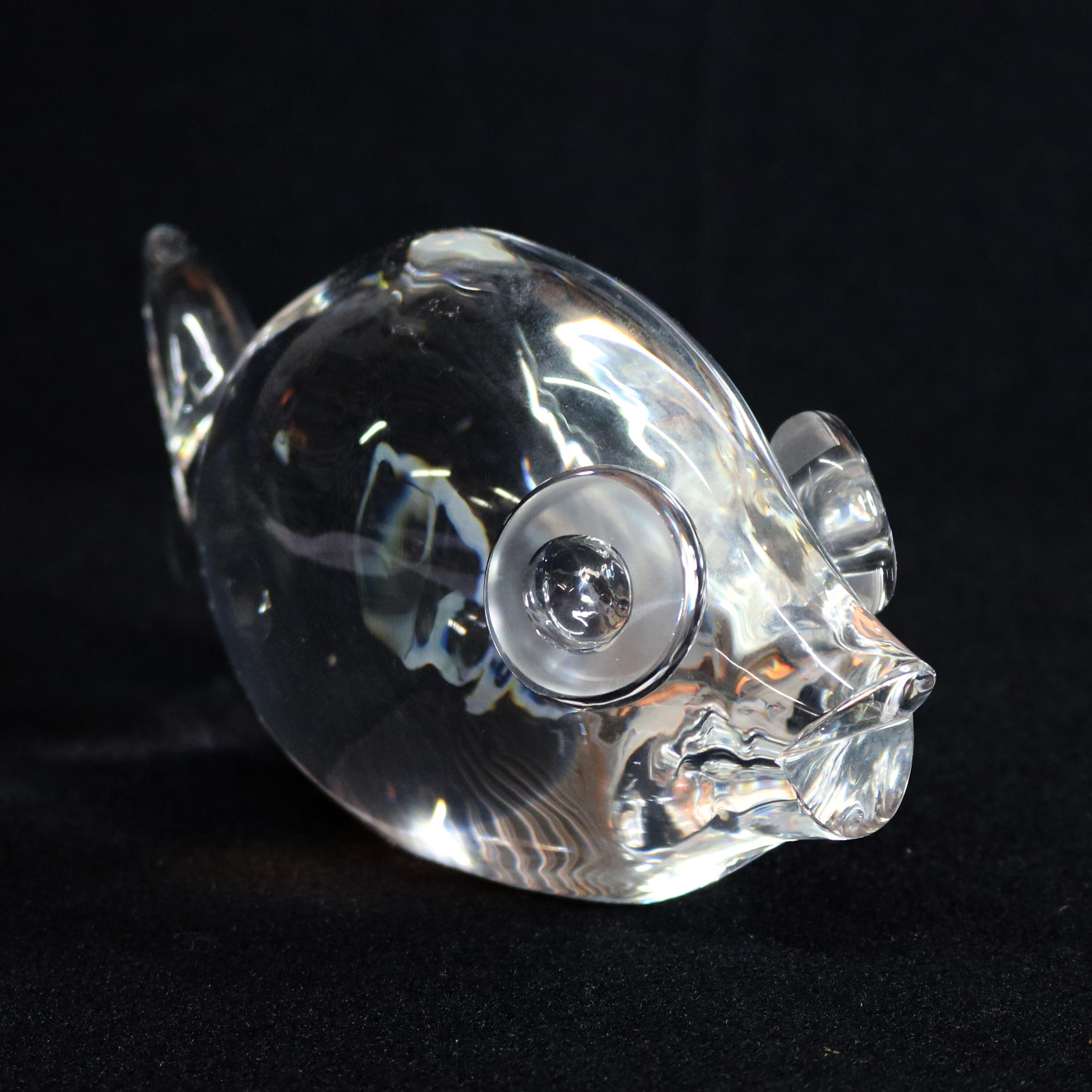Midcentury Steuben figurative mouth blown crystal sculptural paperweight features colorless art glass in full body form of Puffer fish designed by George Thompson 1961 for Corning Museum of Glass, New York, NY, signed on base, 20th
