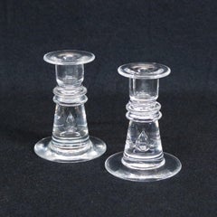 Steuben Figurative Crystal Tear Drop Baluster Low Candlesticks by Hills, Signed