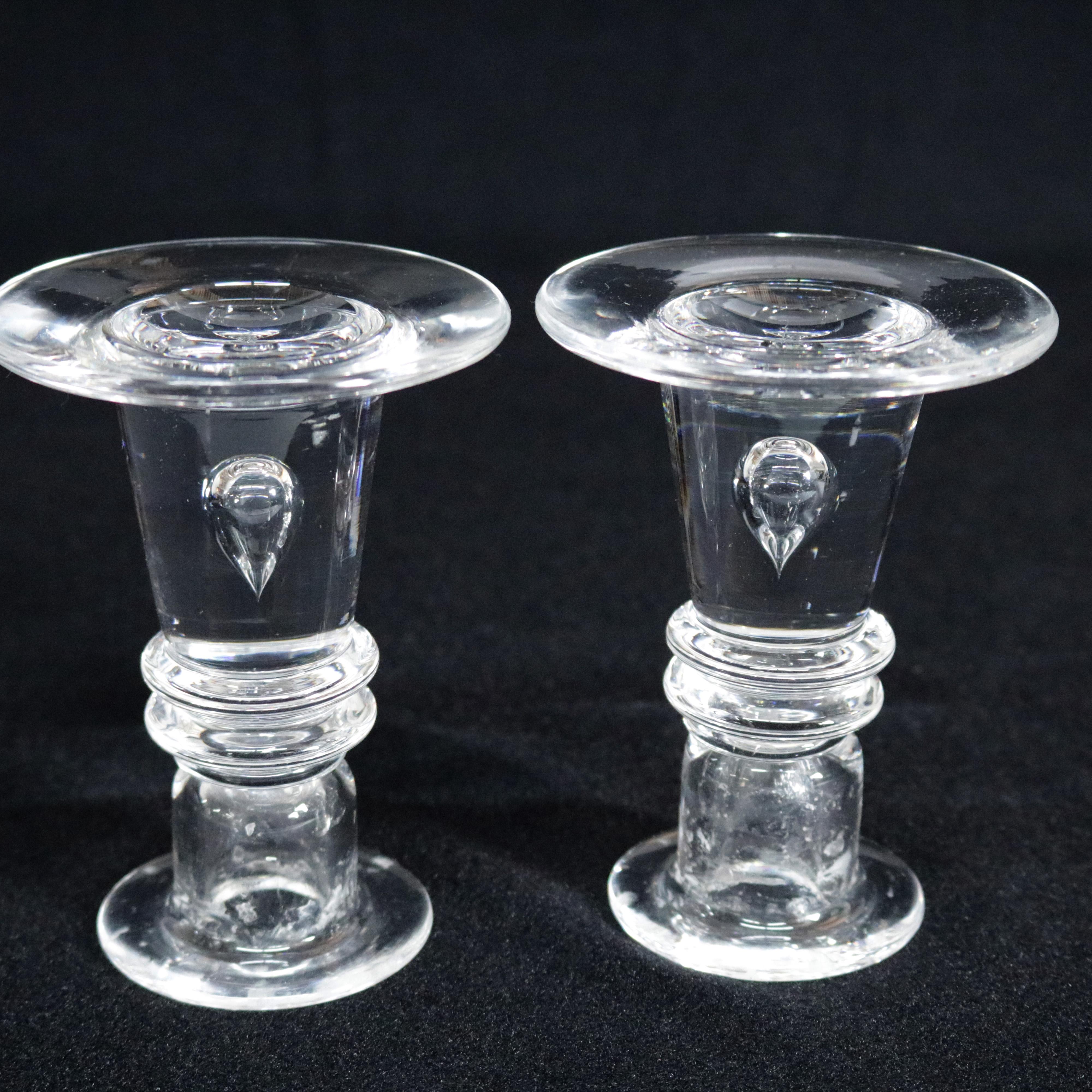 Mid-Century Modern Steuben Figurative Crystal Tear Drop Baluster Low Candlesticks by Hills, Signed