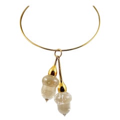 Steuben Glass and 18 Karat Gold Acorn Pendant on 14 Karat Gold Choker in Box