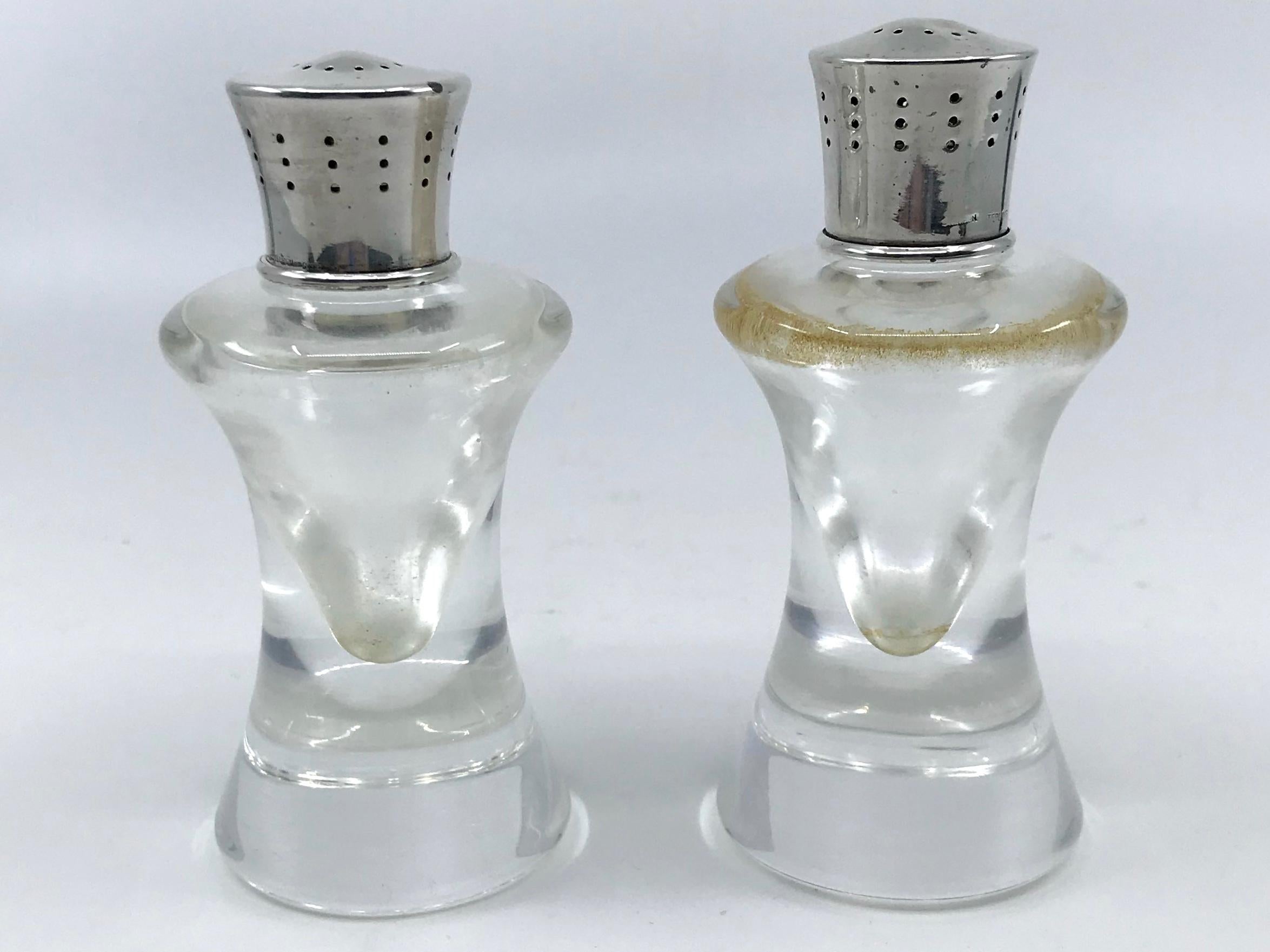 Steuben glass and sterling silver salt & pepper shakers. Pair American heavy crystal hourglass form shakers both signed on verso 