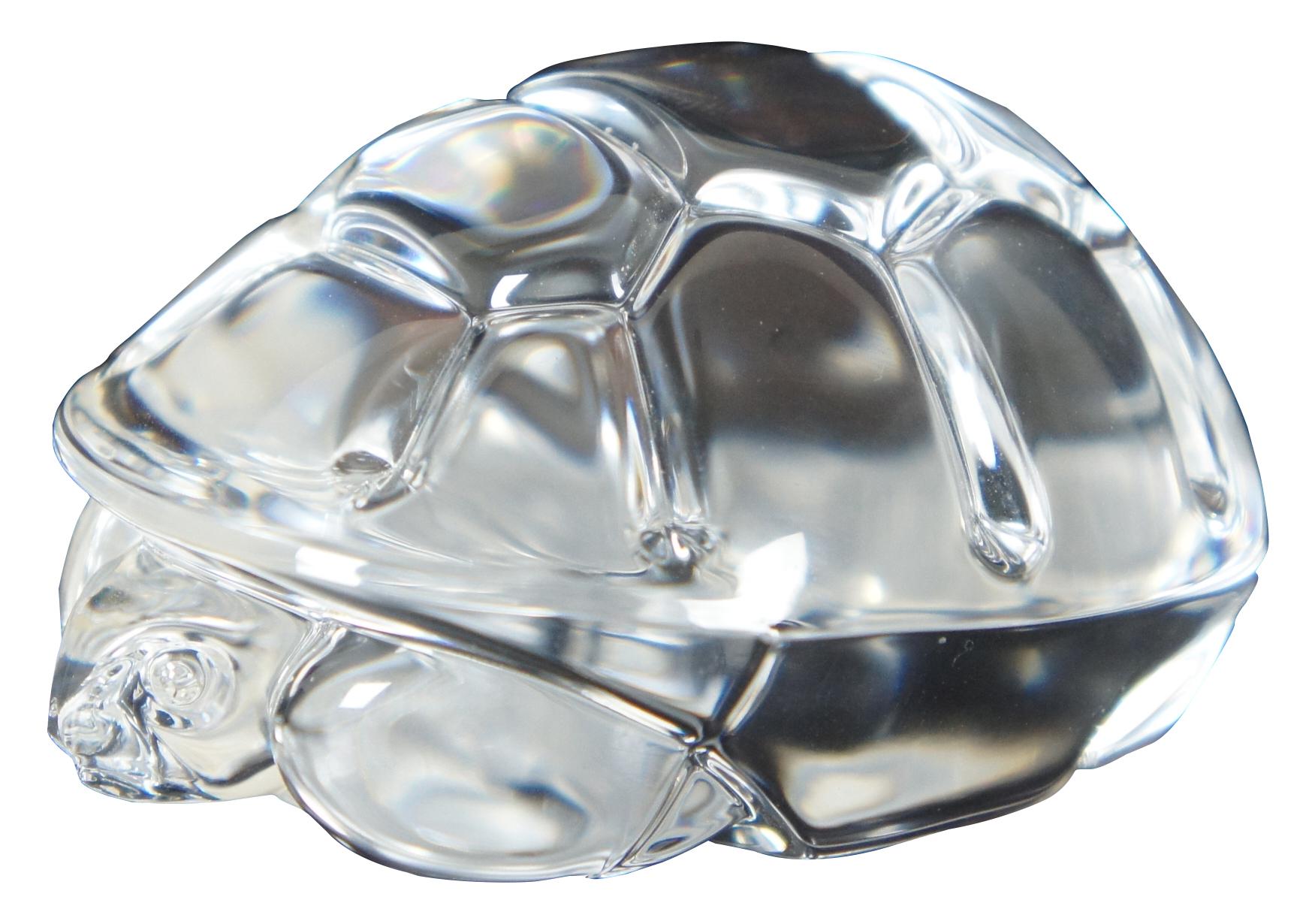Steuben Glass hand cooler in the shape of a turtle tucked into its shell; includes original box.
  
