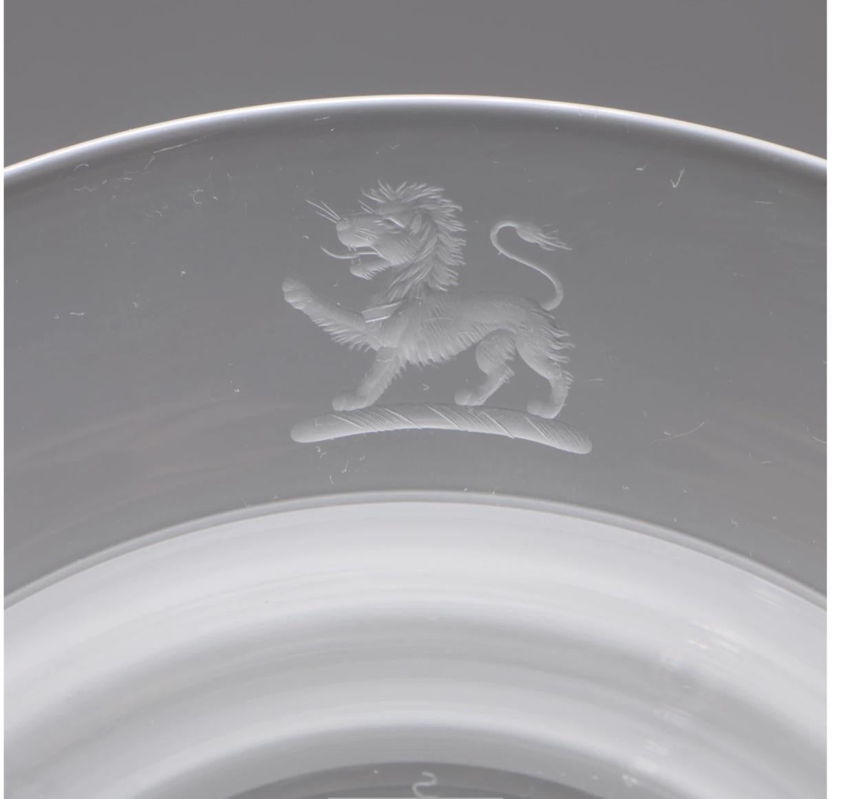 Breathtakingly beautiful Important Rare Steuben Glass Copper Wheel Engraved Lion crystal Bowls- set of 10 in original Steuben labeled flannel covers. Marked with an S for Steuben, as appropriately marked-
Mid 20th Century-

A work of art and