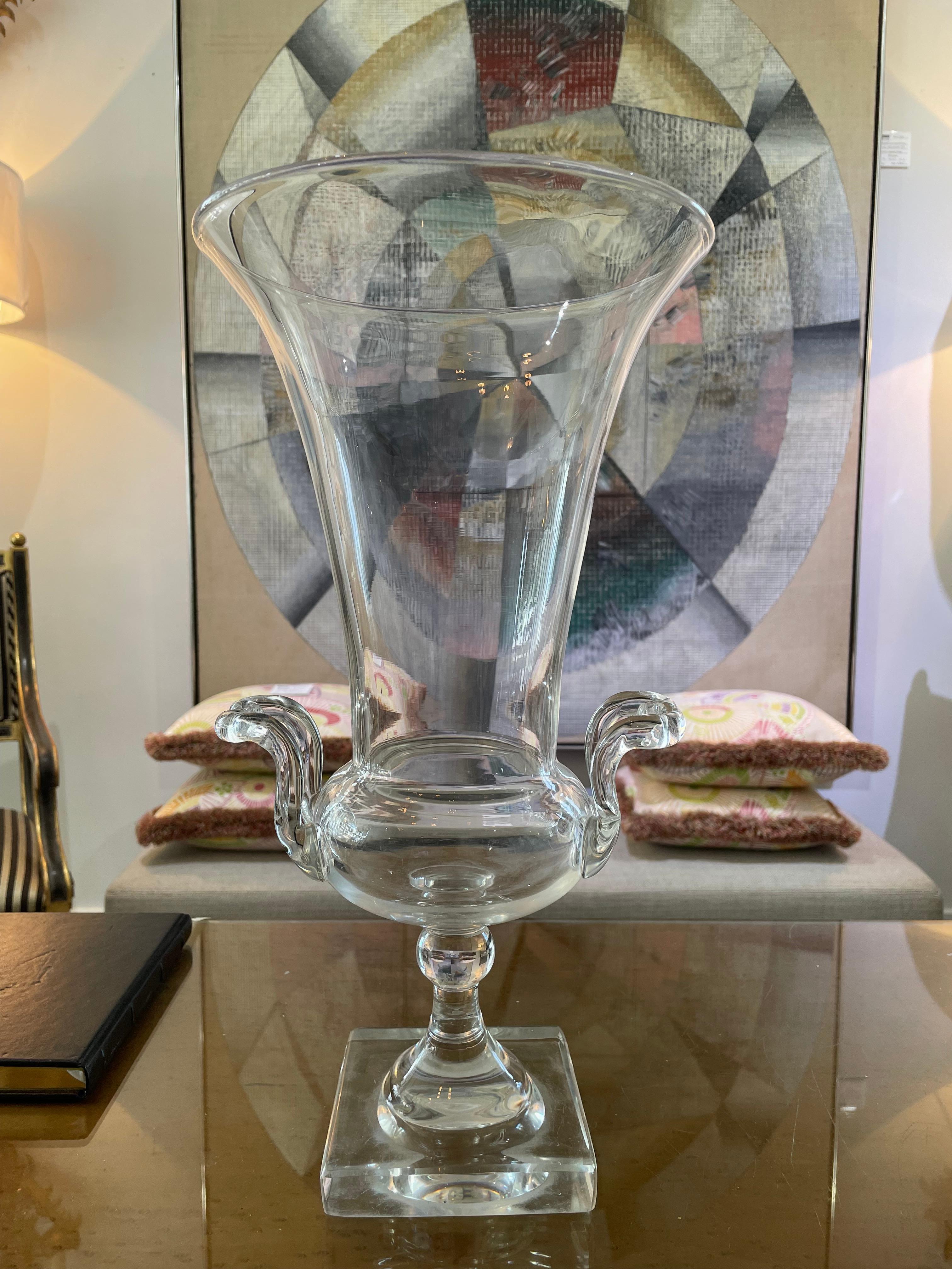 This stylish, artisan glass trophy-form vase dates to the 1930s-1940s.

Note:  There are surface abrasions on the verso of the base and also in the bowl of the vase (see images).