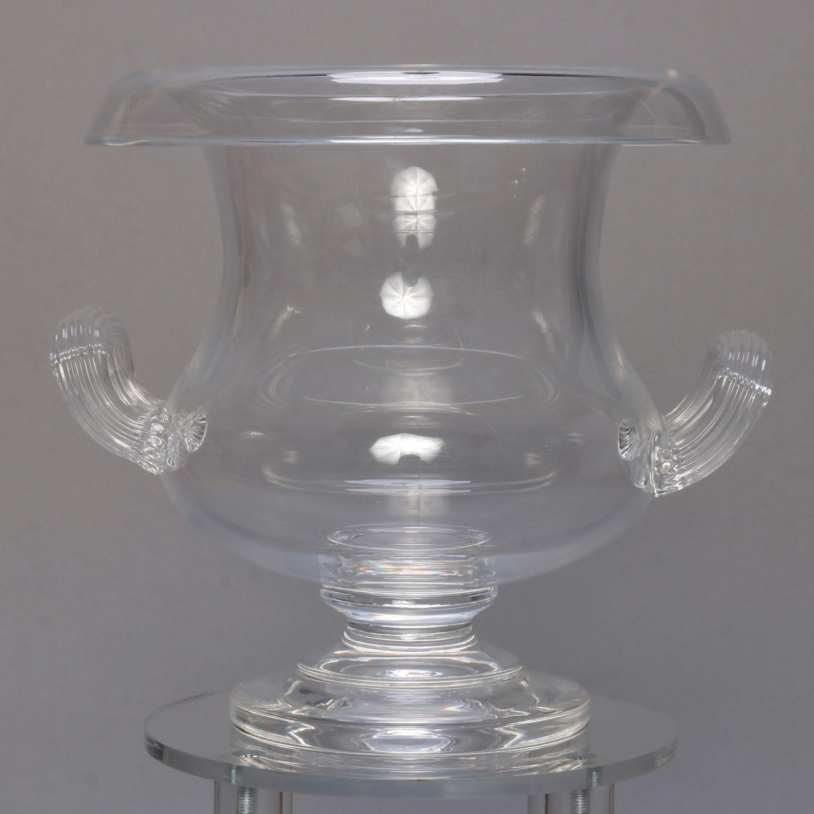 Hand-Crafted Steuben Glass Works Crystal Double Handle Center Urn, Signed, 20th Century
